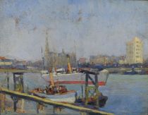 tableau Sortie du port   ville  huile isorel 1ère moitié 20e siècle