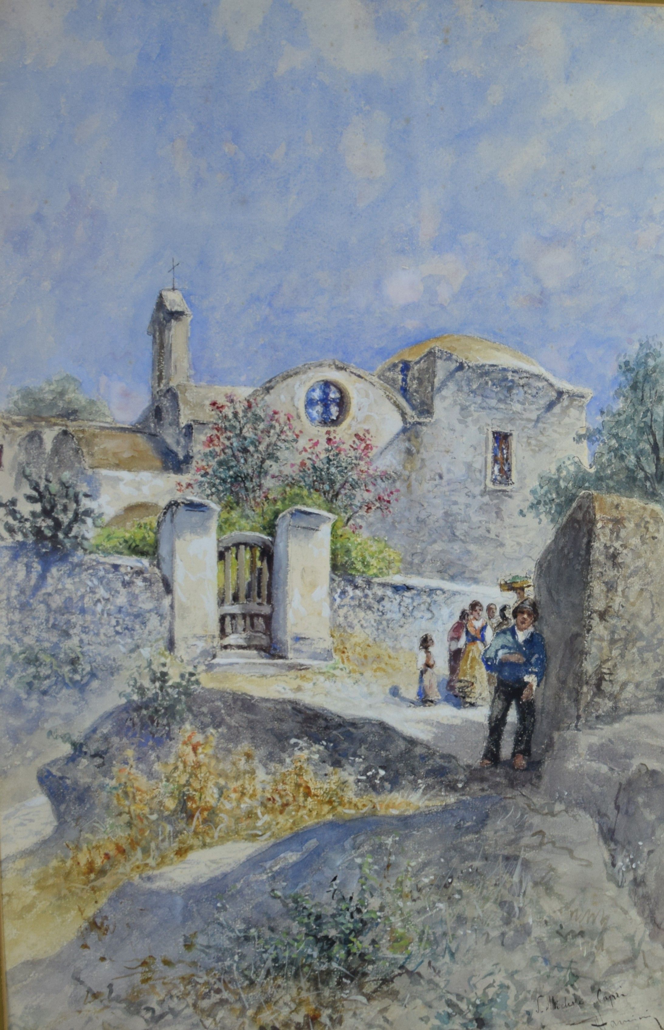 tableau Capri St Michaels   personnage,village  aquarelle papier 19e siècle