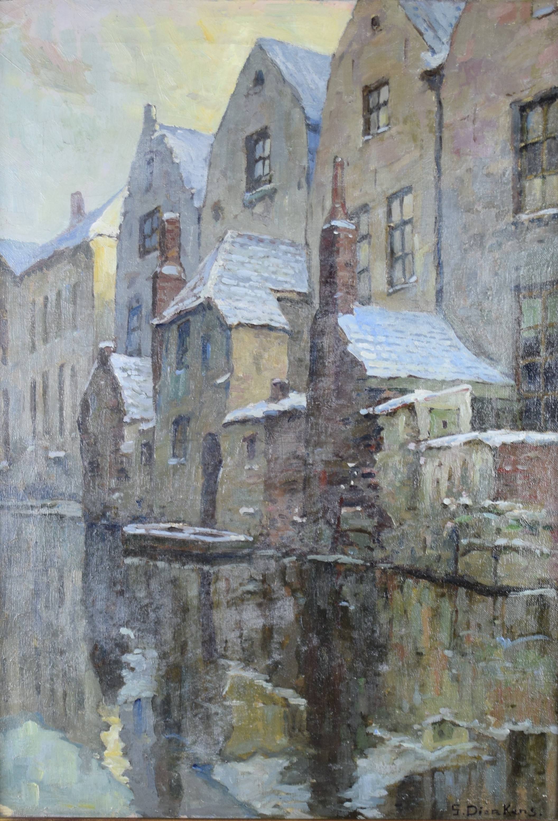 tableau Vieux pignons La Lieve Gand Dierkens Gustave  ville  huile toile 1ère moitié 20e siècle