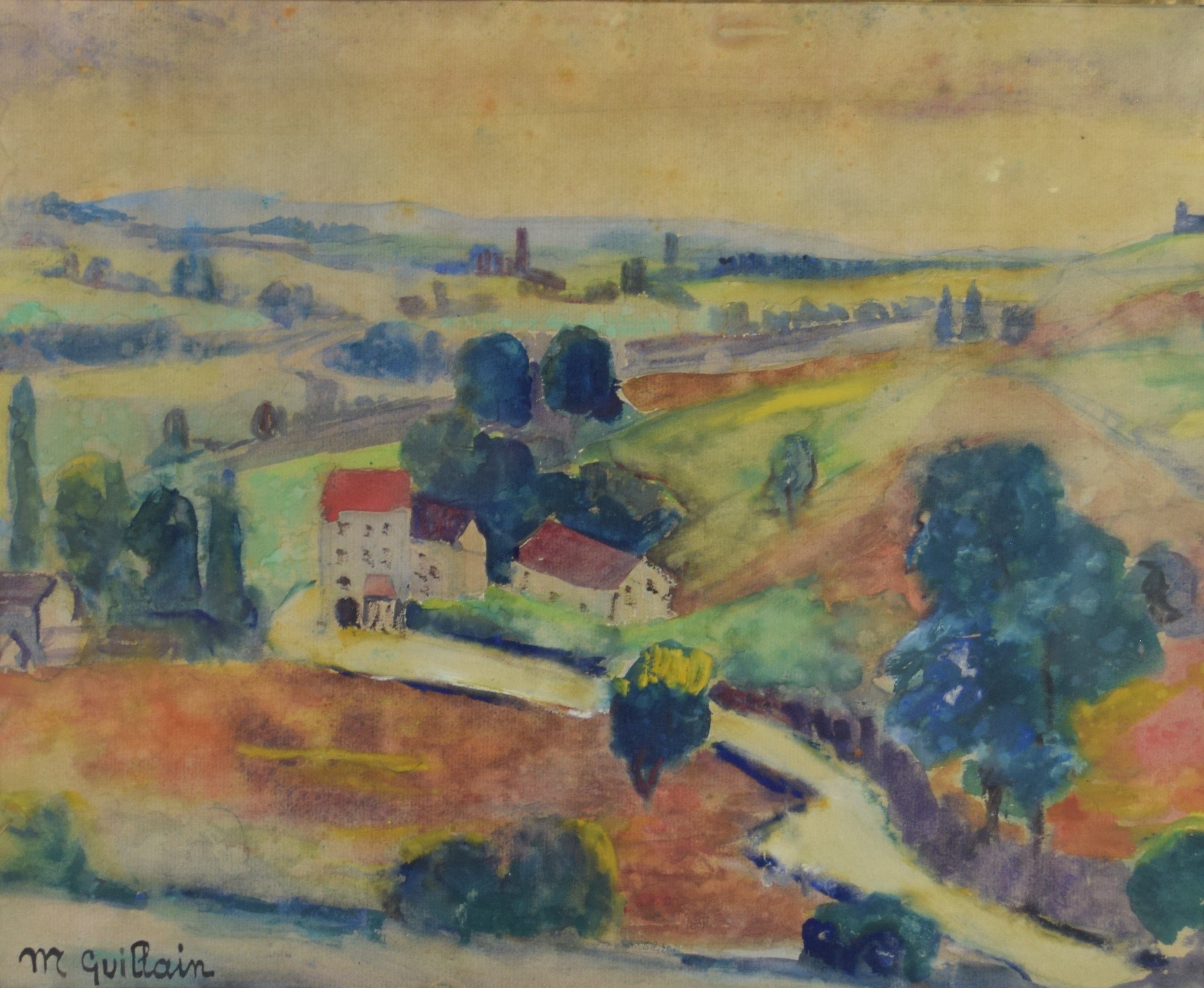 tableau Le hameau  Guillain Marthe village fauvisme aquarelle papier 1ère moitié 20e siècle
