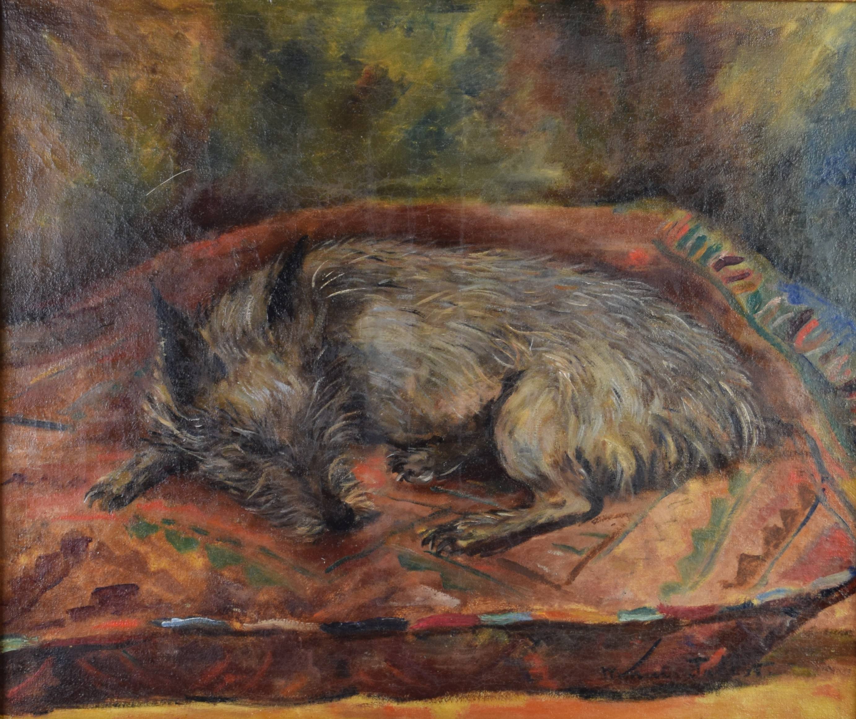 tableau Le chien sur son cousin  Jallot Marcel Edouard animaux,scène d'intérieur  huile toile 1ère moitié 20e siècle