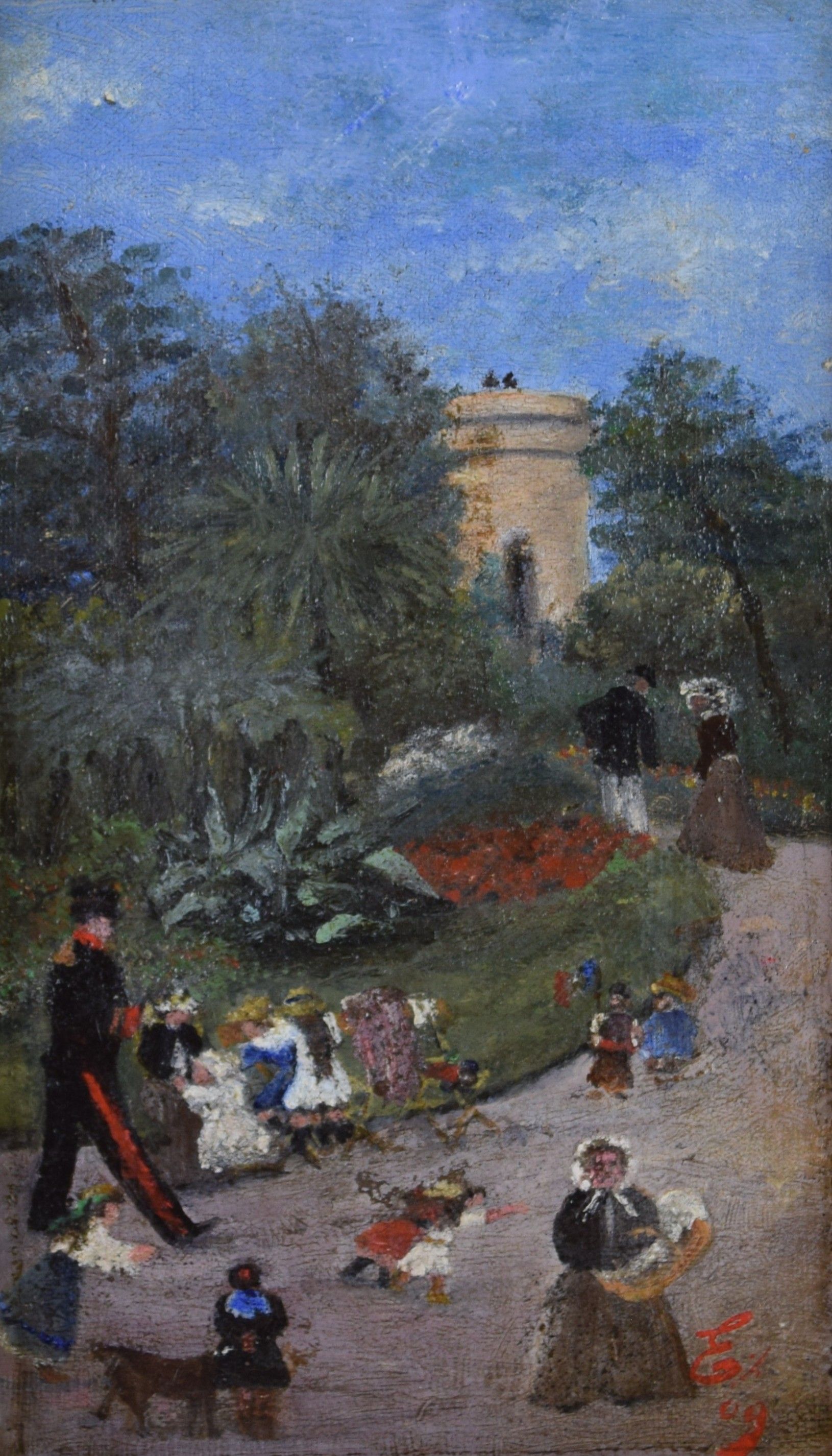 tableau L'animation du parc     personnage,ville  huile toile 1ère moitié 20e siècle