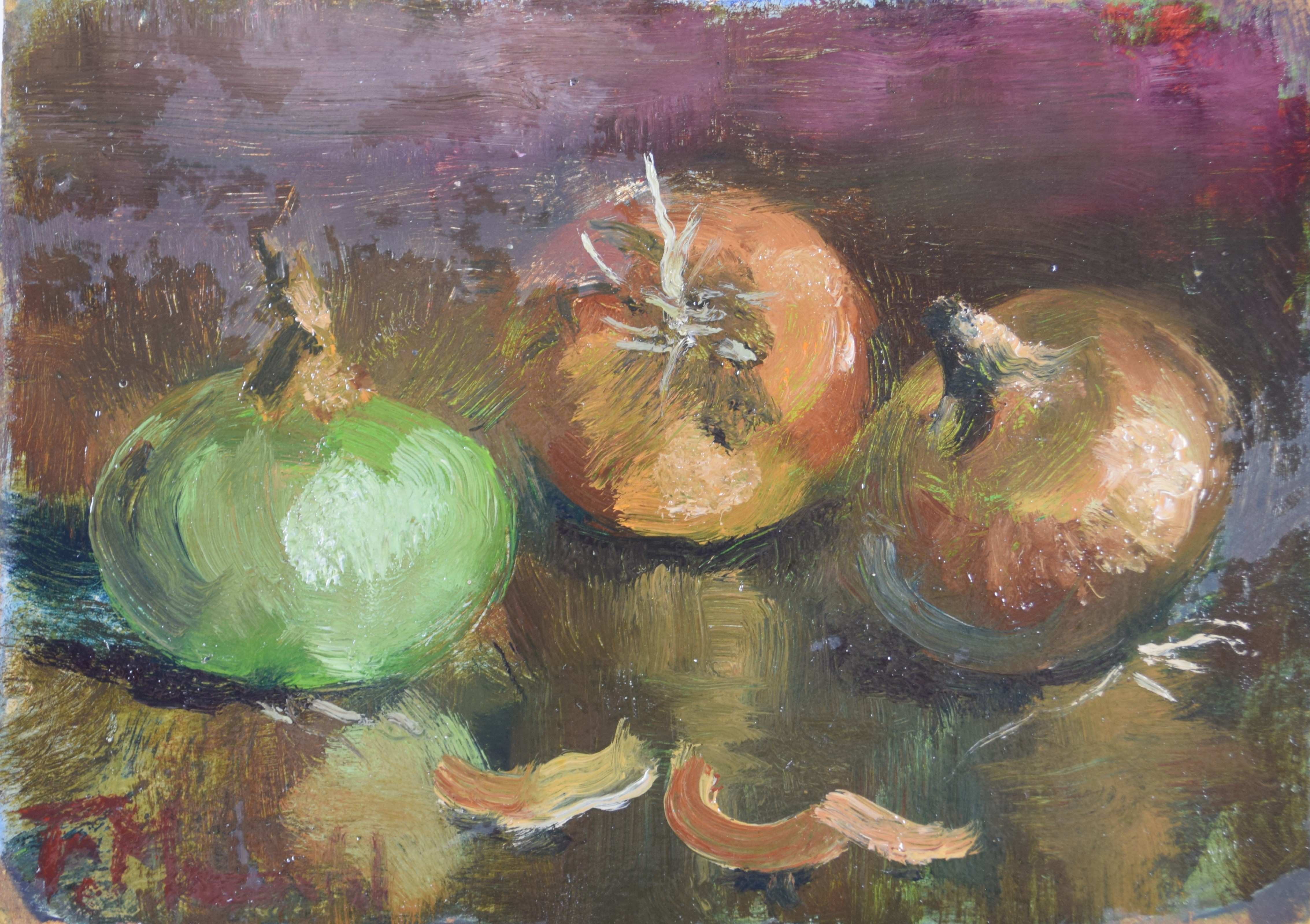 tableau Les oignions    nature morte  huile triplex 2ième moitié 20e siècle