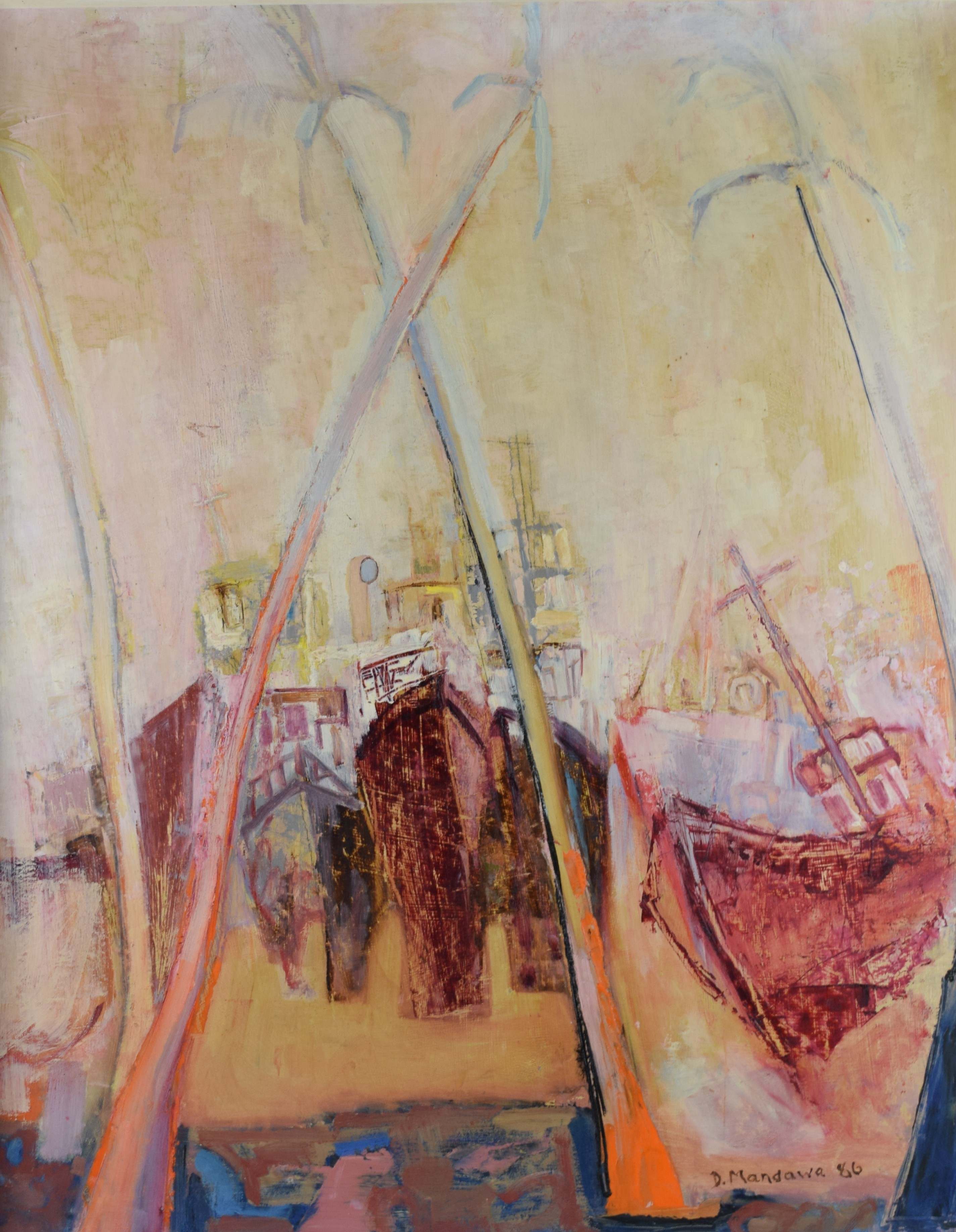 tableau Grounded scooners dar harbnour Kenya  Mandawa Doreen marine  huile triplex 2ième moitié 20e siècle