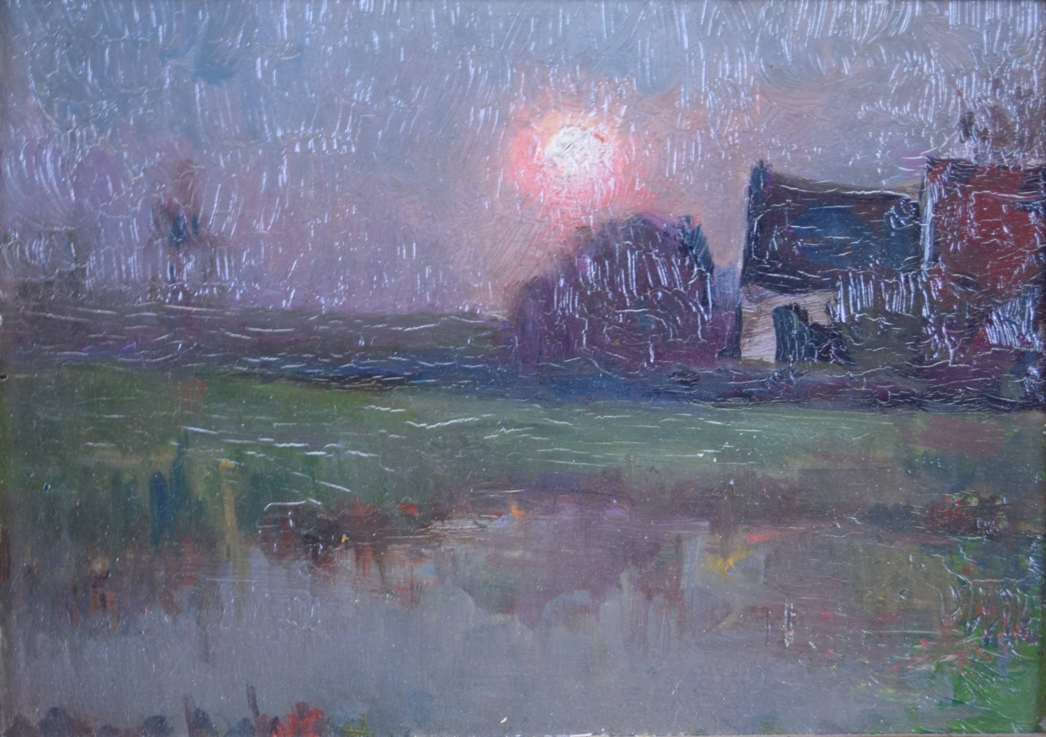 tableau Début de nuit Meyers Isidore paysage,village  huile panneau 1ère moitié 20e siècle