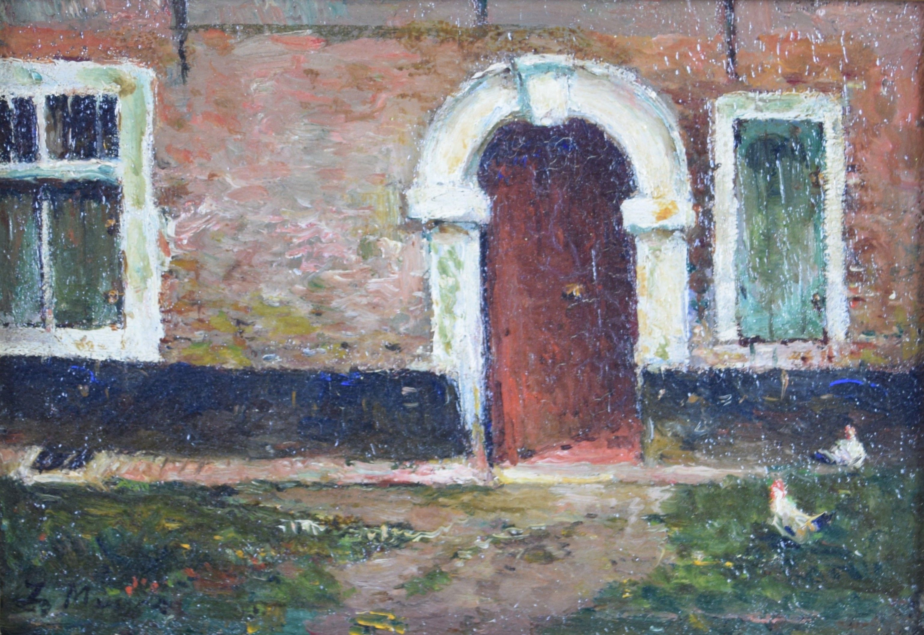tableau L'entrée de la maison Meyers Isidore scène rurale  huile toile 1ère moitié 20e siècle