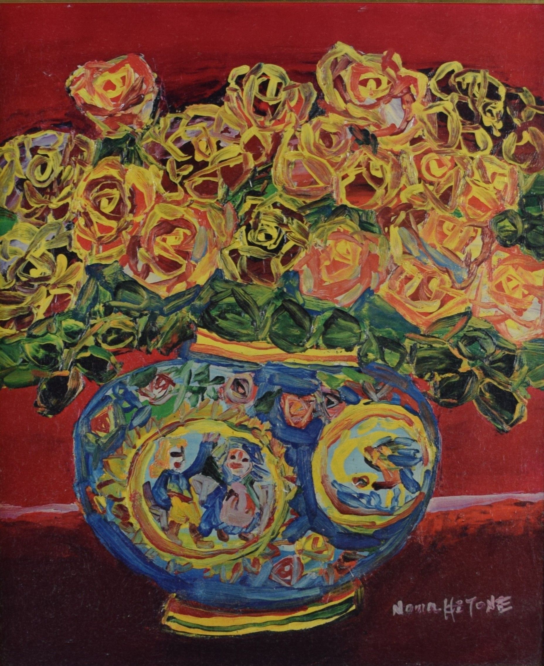tableau Le bouquet de roses Noma Hitone fleurs,nature morte  huile toile 2ième moitié 20e siècle
