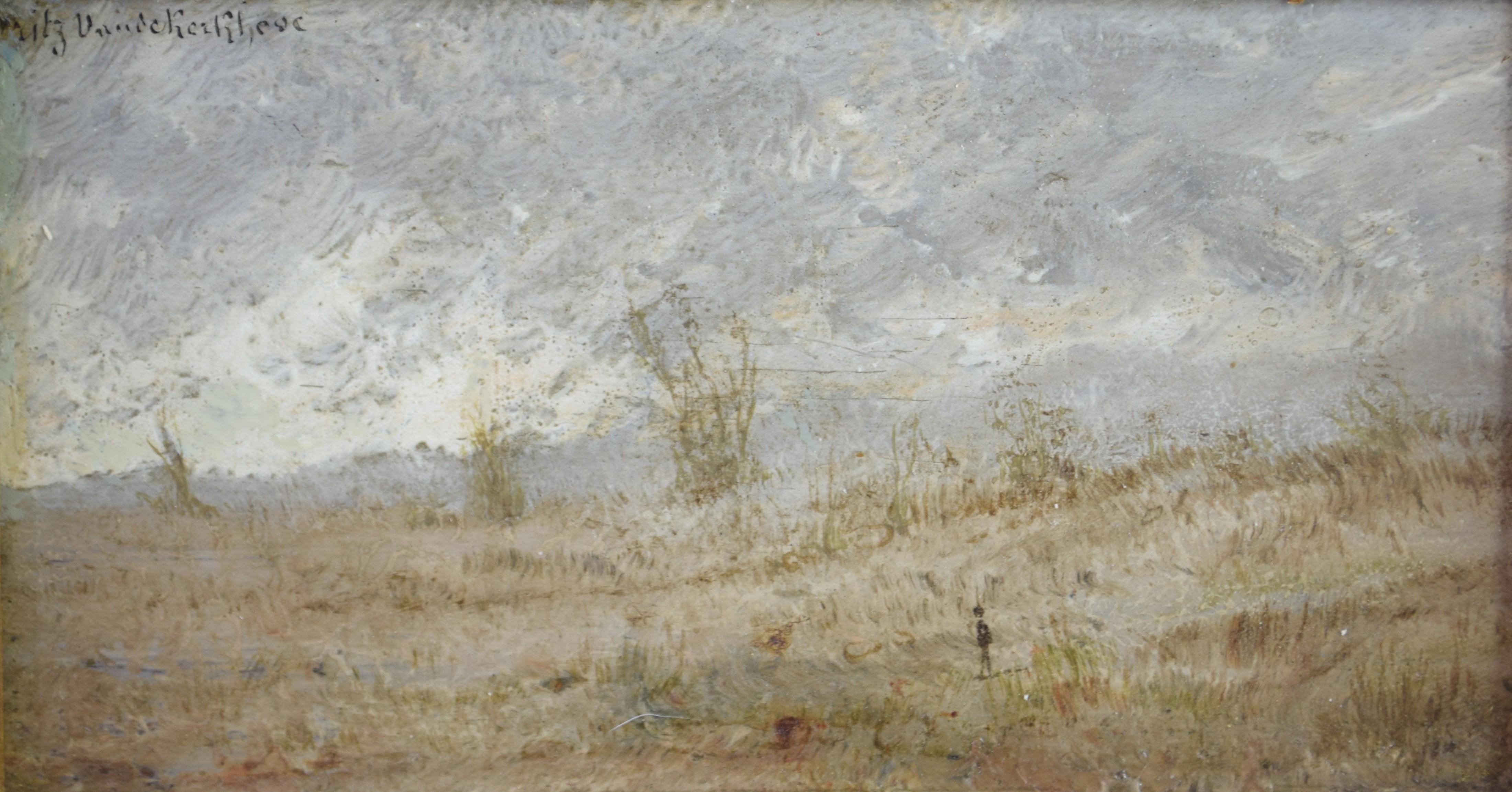 tableau Le promeneur  Van De Kerkhove Fritz (Frédéric Jean-Louis) paysage,personnage  huile panneau 19e siècle