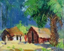 tableau Village du congo De Vel Gaston personnage,village,africaniste  huile toile 1ère moitié 20e siècle