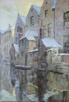 tableau Vieux pignons La Lieve Gand Dierkens Gustave  ville  huile toile 1ère moitié 20e siècle