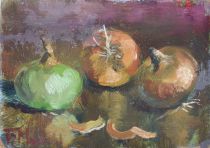 tableau Les oignions    nature morte  huile triplex 2ième moitié 20e siècle