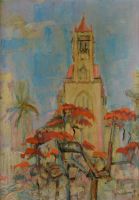 tableau Azania front Church lith flame trees Mandawa Doreen ville,église,africaniste  huile triplex 2ième moitié 20e siècle