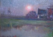 tableau Début de nuit Meyers Isidore paysage,village  huile panneau 1ère moitié 20e siècle