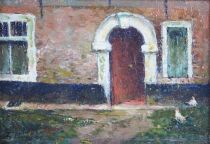 tableau L'entrée de la maison Meyers Isidore scène rurale  huile toile 1ère moitié 20e siècle