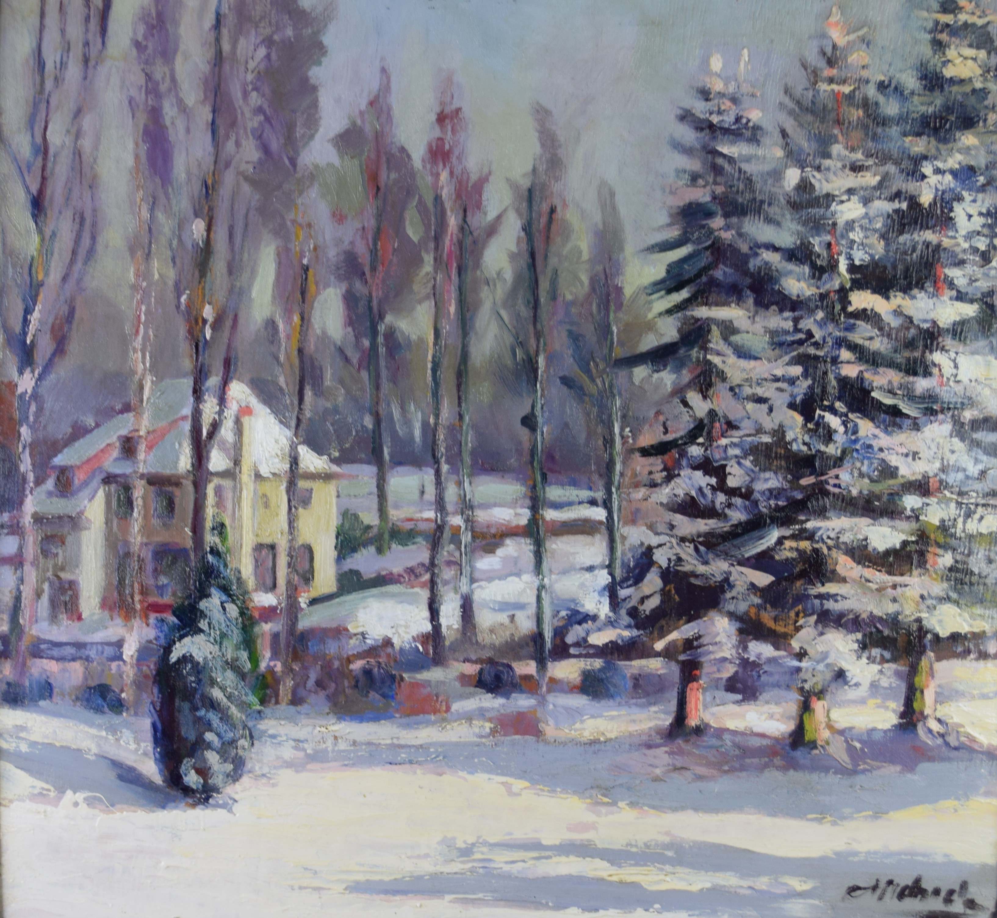 tableau La maison enneigée    paysage  huile panneau 1ère moitié 20e siècle