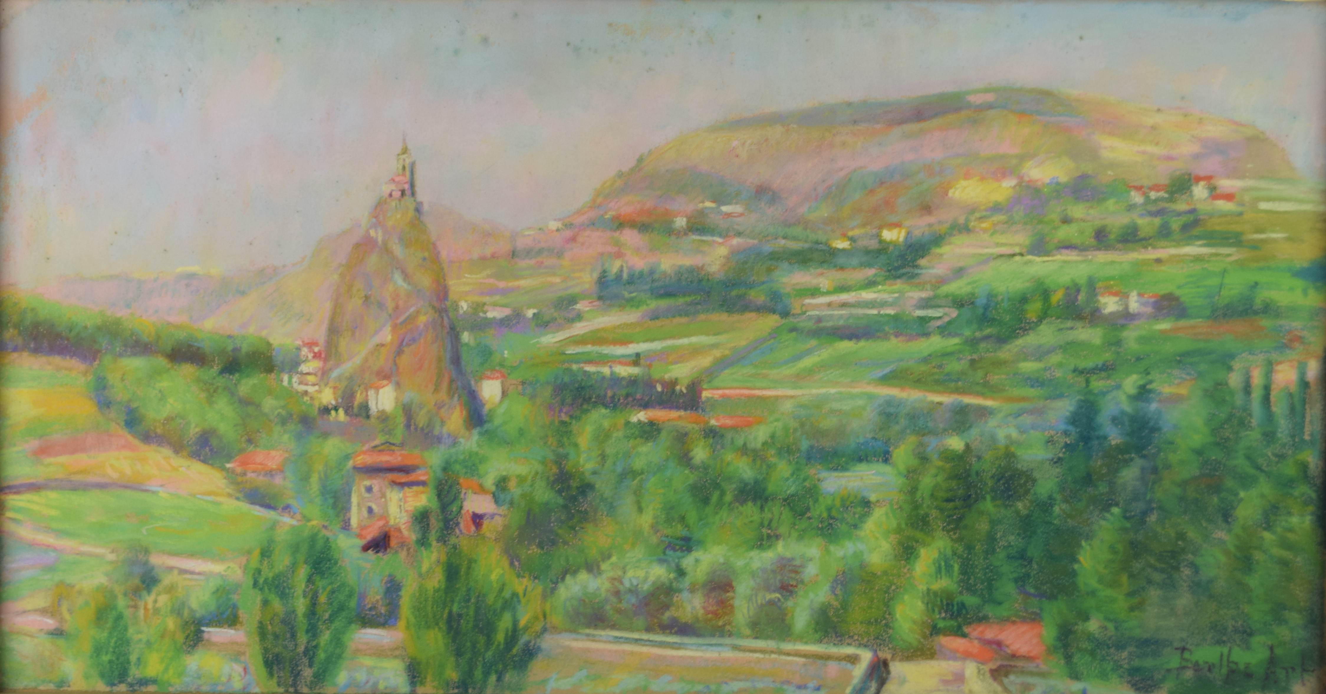 tableau Le puit en Velay  Art Berthe village  pastel papier 1ère moitié 20e siècle