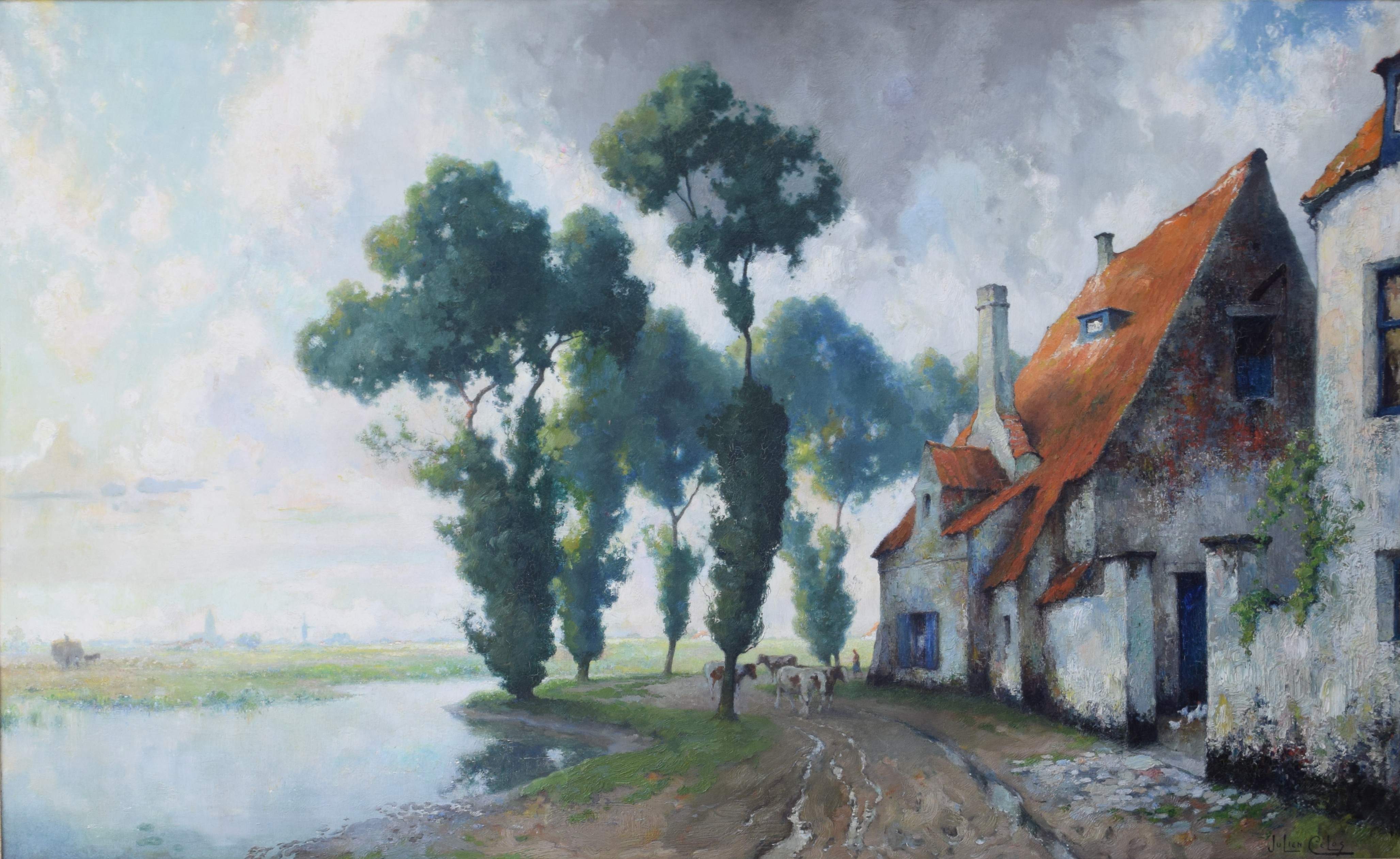 tableau La vie rurale Celos Julien animaux,paysage,personnage,village  huile toile 1ère moitié 20e siècle