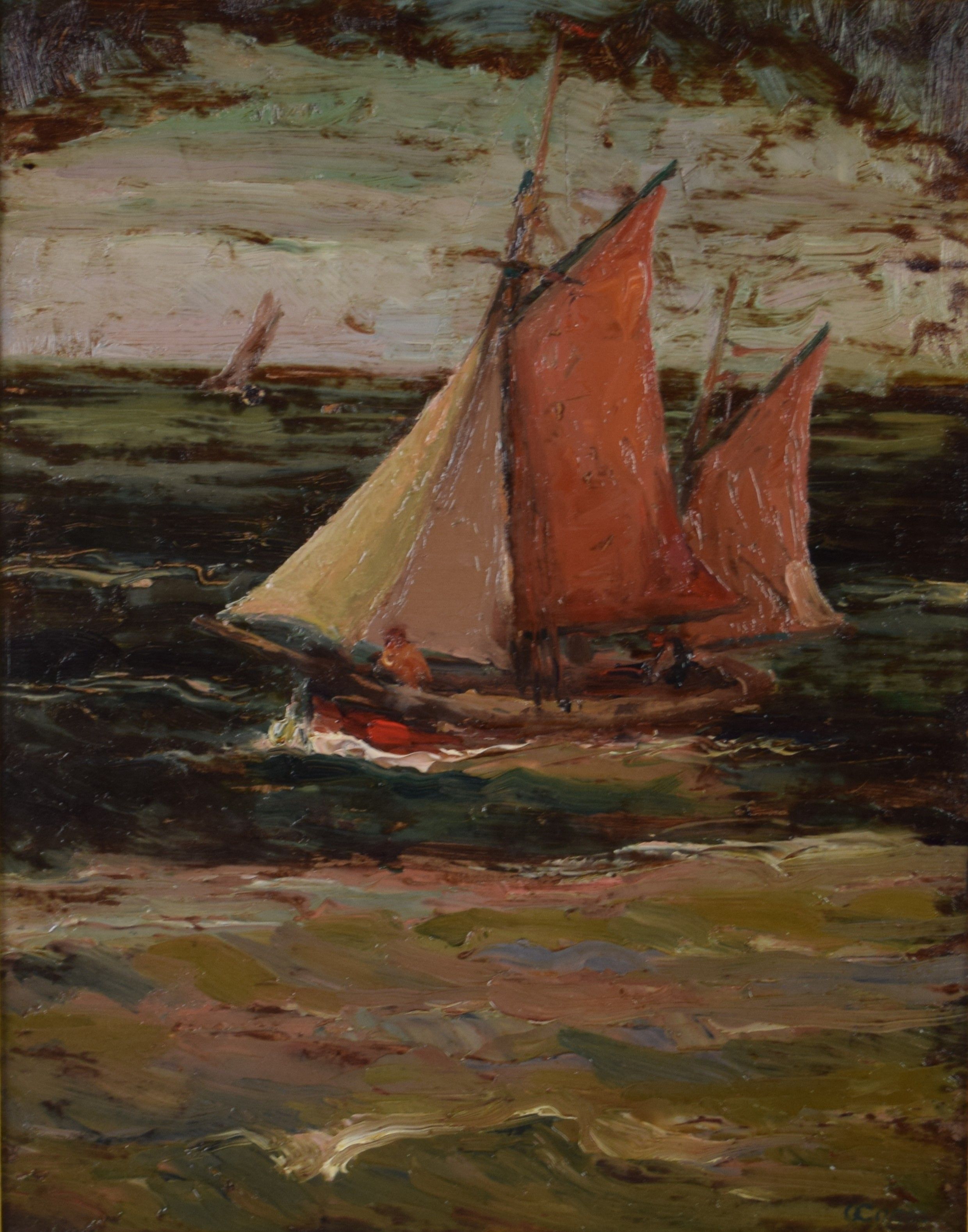 tableau En mer Cornu Oscar marine  huile panneau 1ère moitié 20e siècle