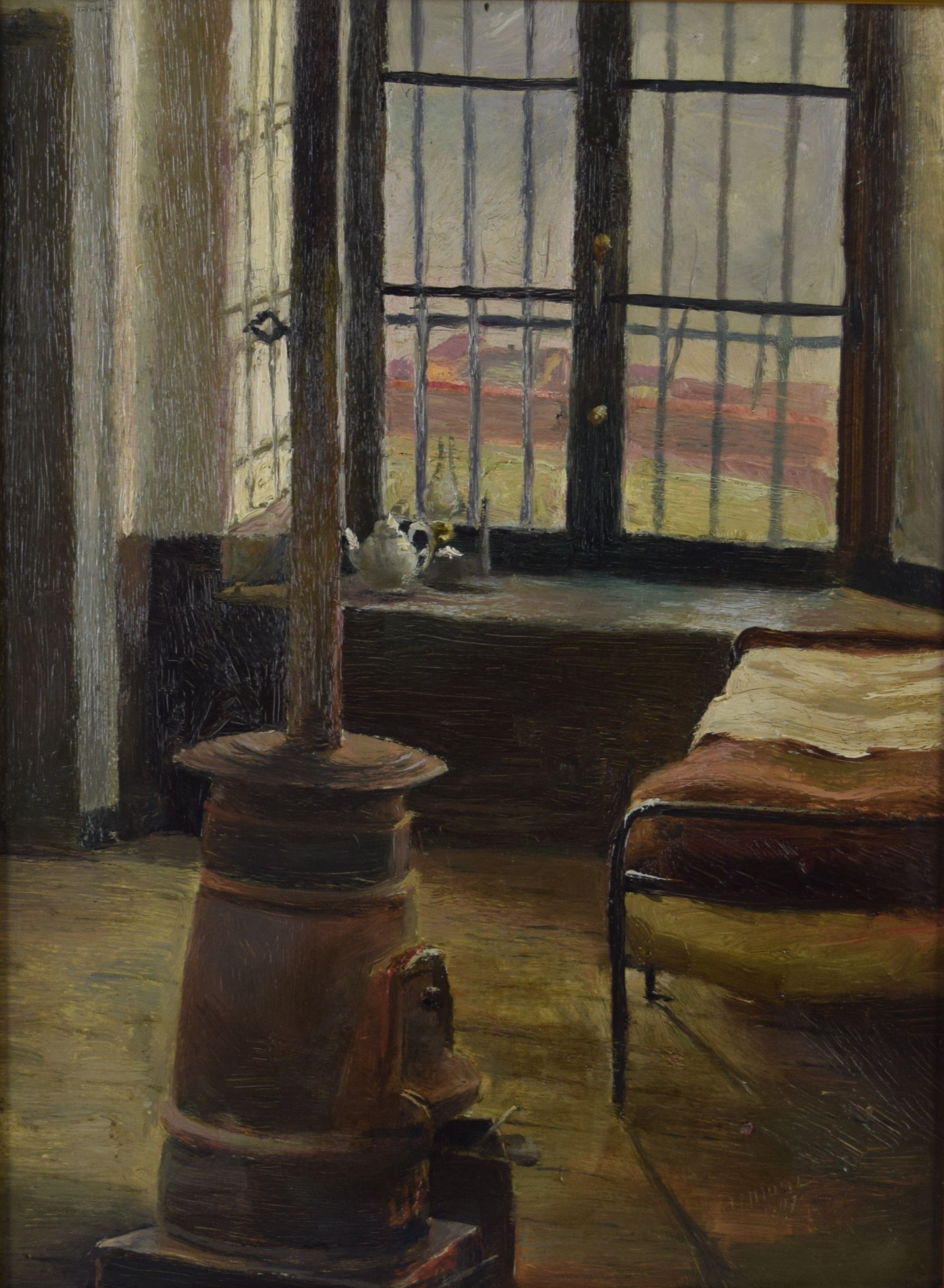 tableau Cellule de la prison Saint Léonard à Liège Hause Joseph scène d'intérieur  huile carton 1ère moitié 20e siècle