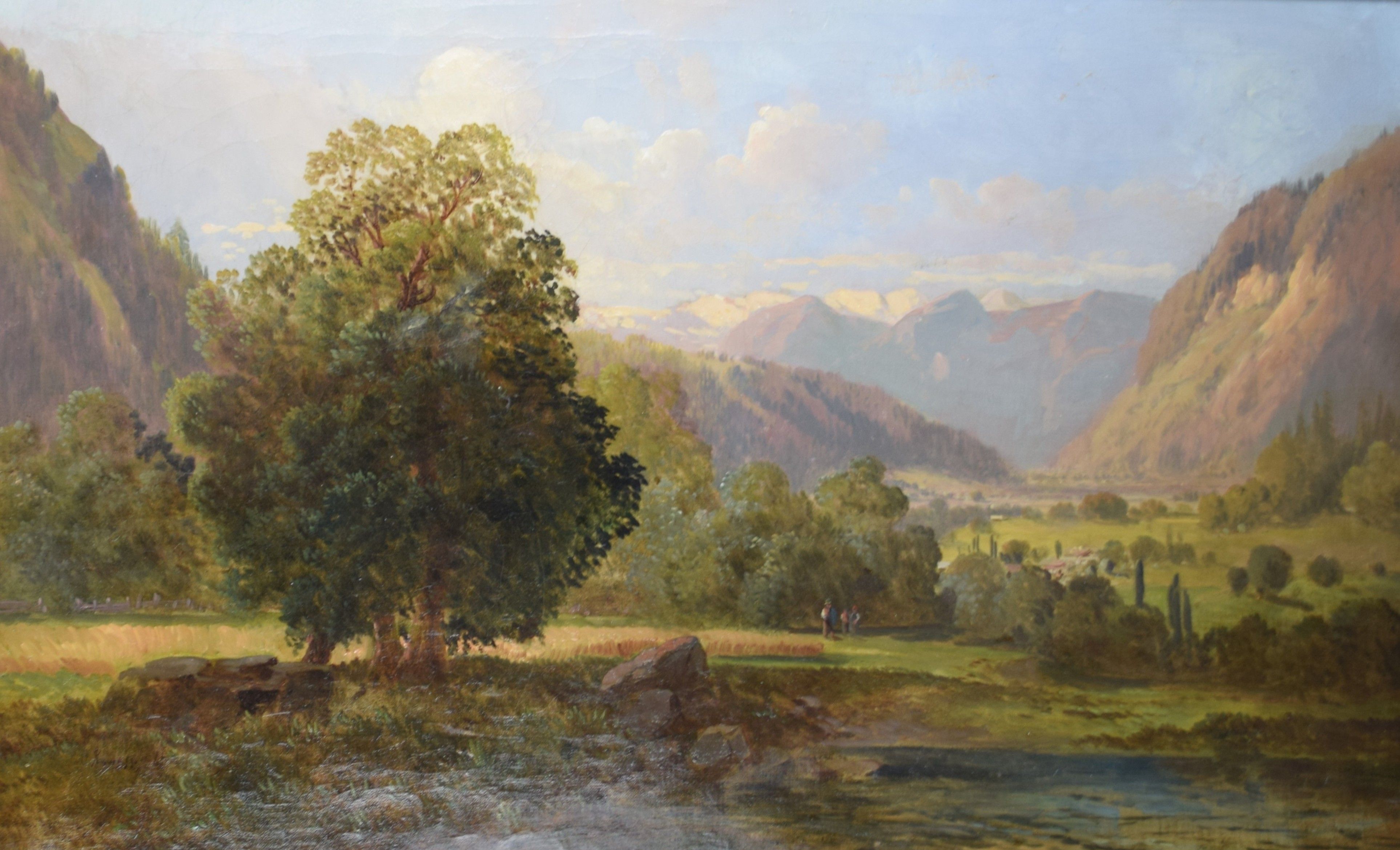 tableau Journée ensoleillée animée en montagne Kuwasseg Charles Joseph paysage  huile toile 19e siècle