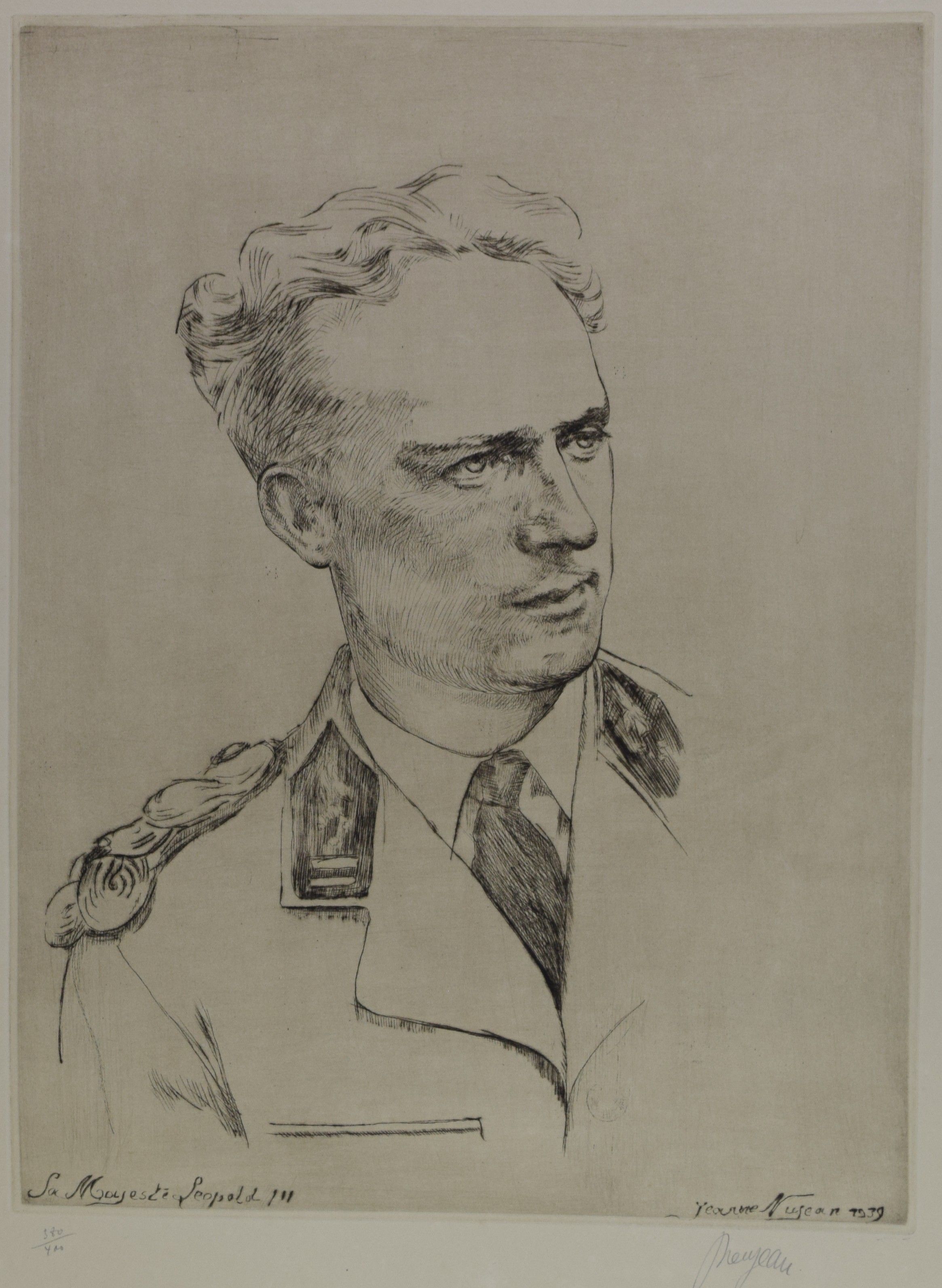 tableau Sa Majesté Léopold III Neujean Jeanne portrait  fusain papier 1ère moitié 20e siècle