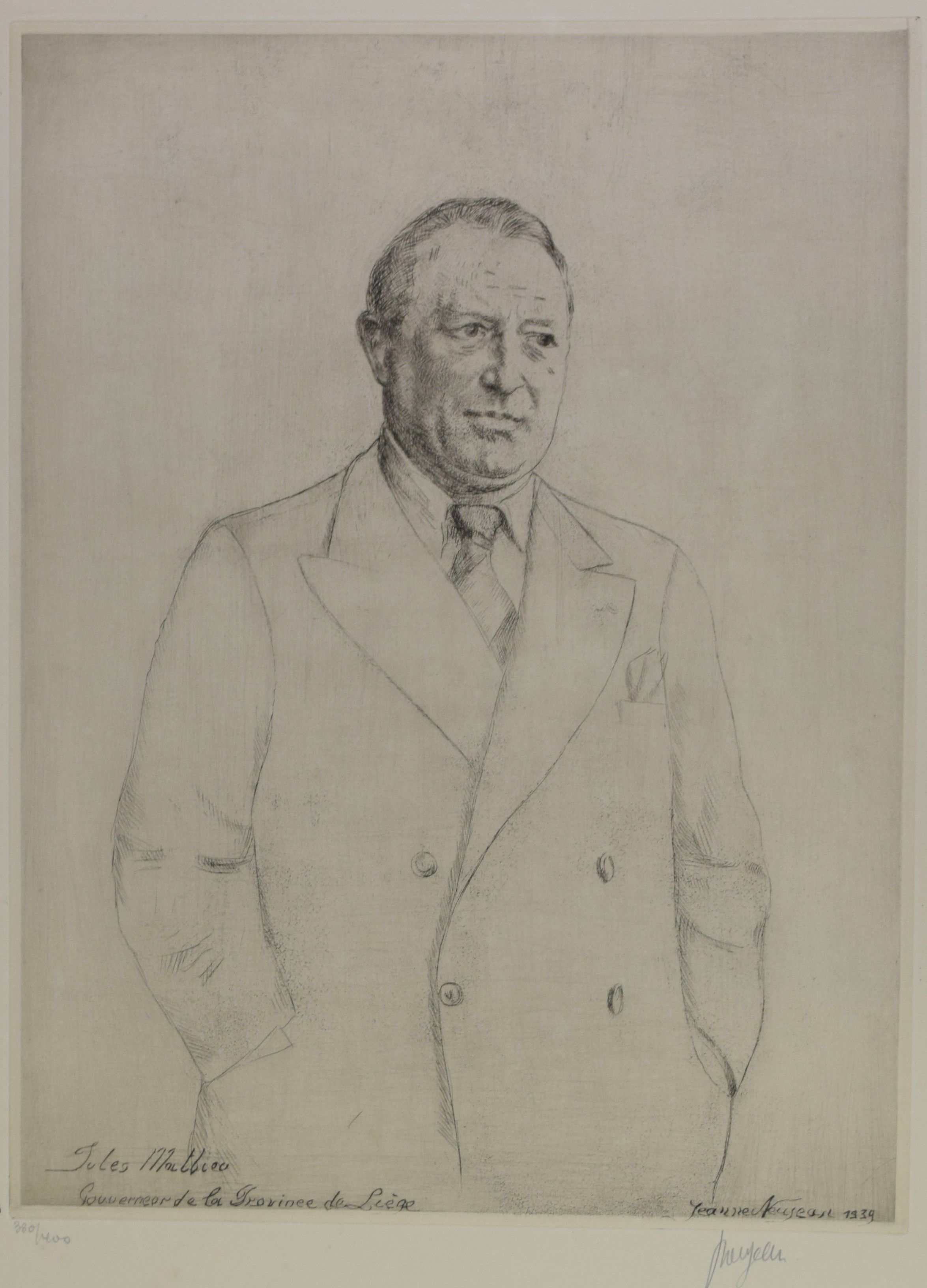 tableau Mathieu Jules Gouverneur de la province de Liège Neujean Jeanne portrait  estampe papier 1ère moitié 20e siècle