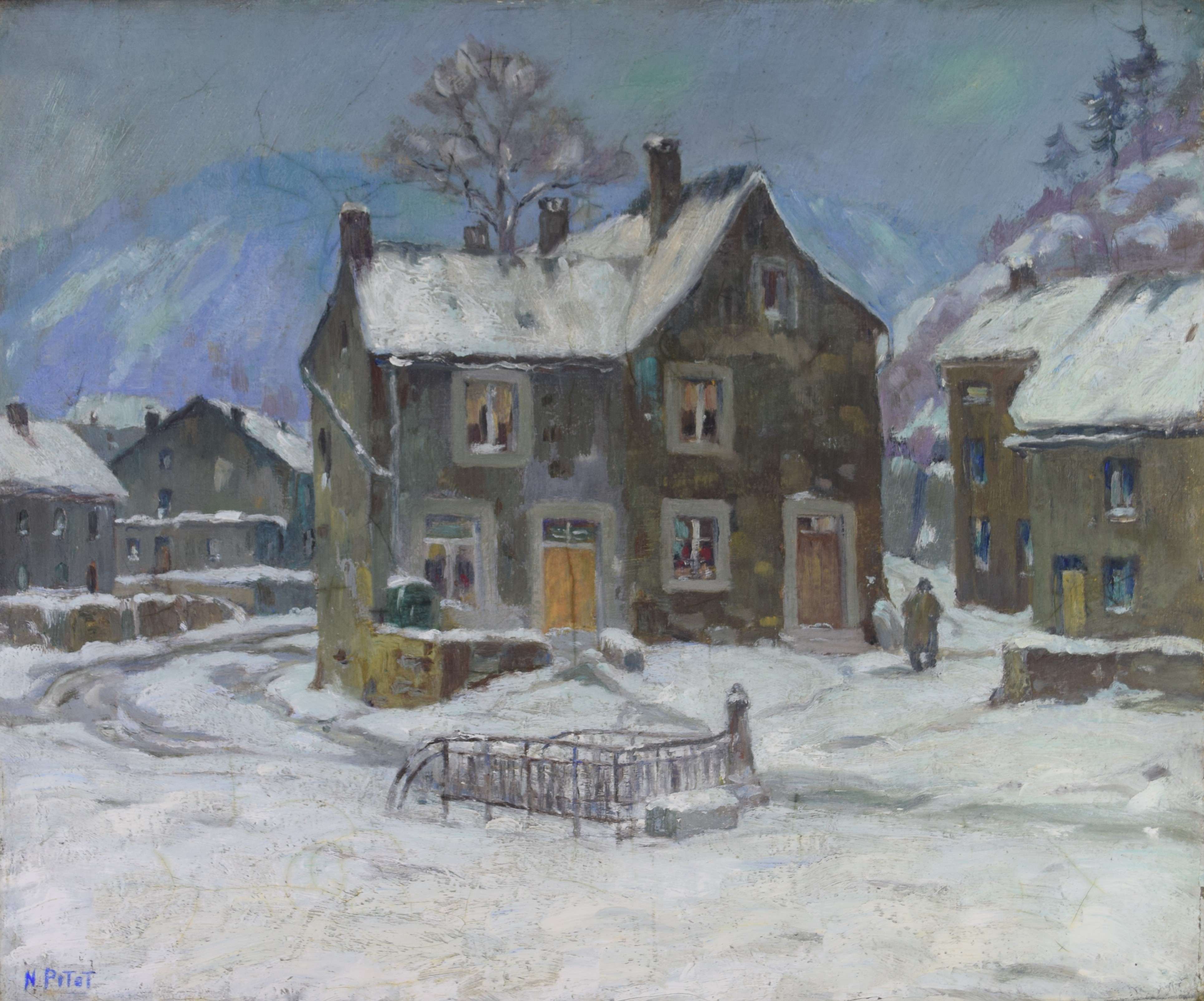 tableau Comblain-au-Pont sous la neige  Pitot Nicolas personnage,ville  huile toile 1ère moitié 20e siècle