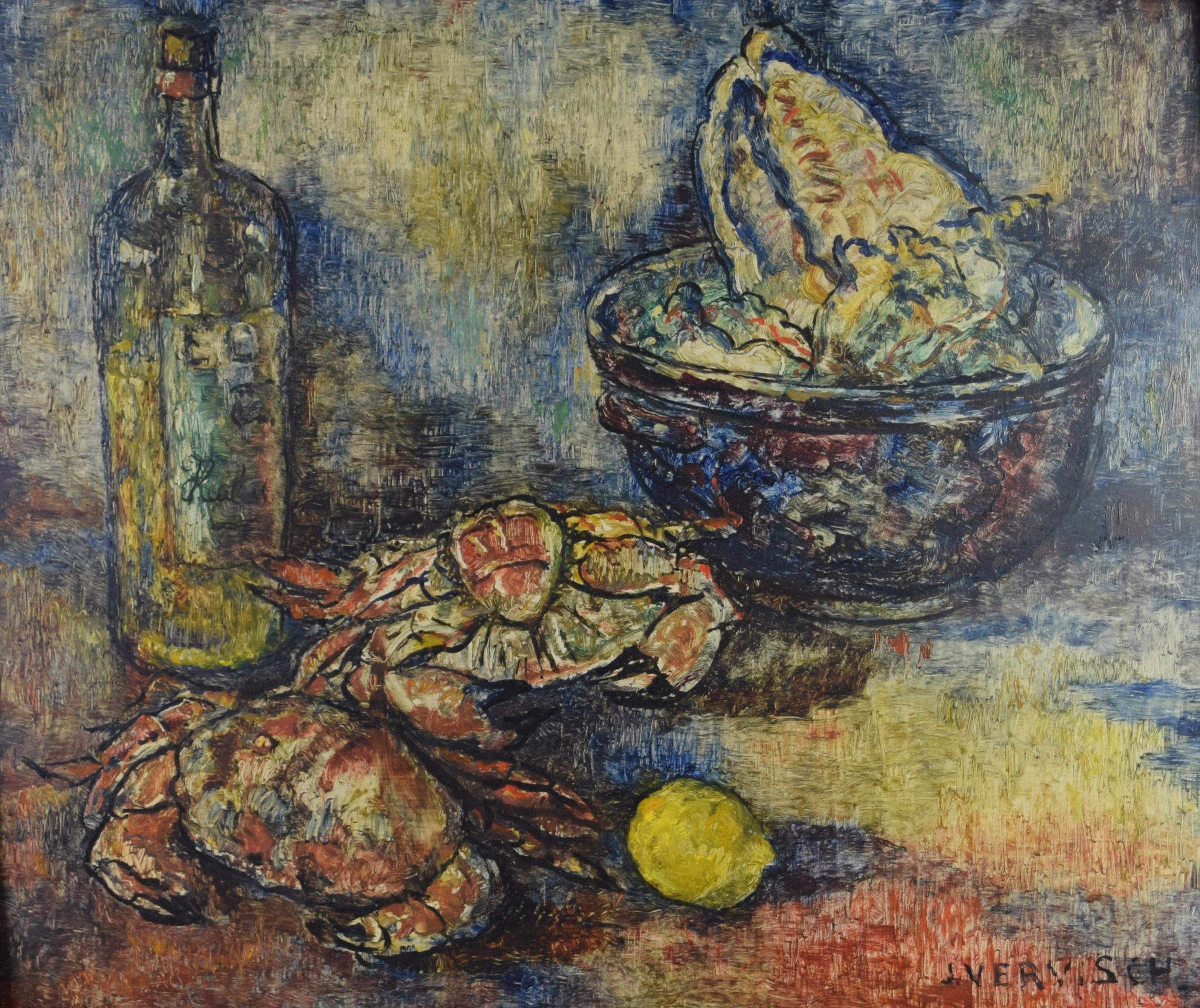 tableau Nature morte aux crabes Vervisch Jean animaux,nature morte  huile triplex 2ième moitié 20e siècle