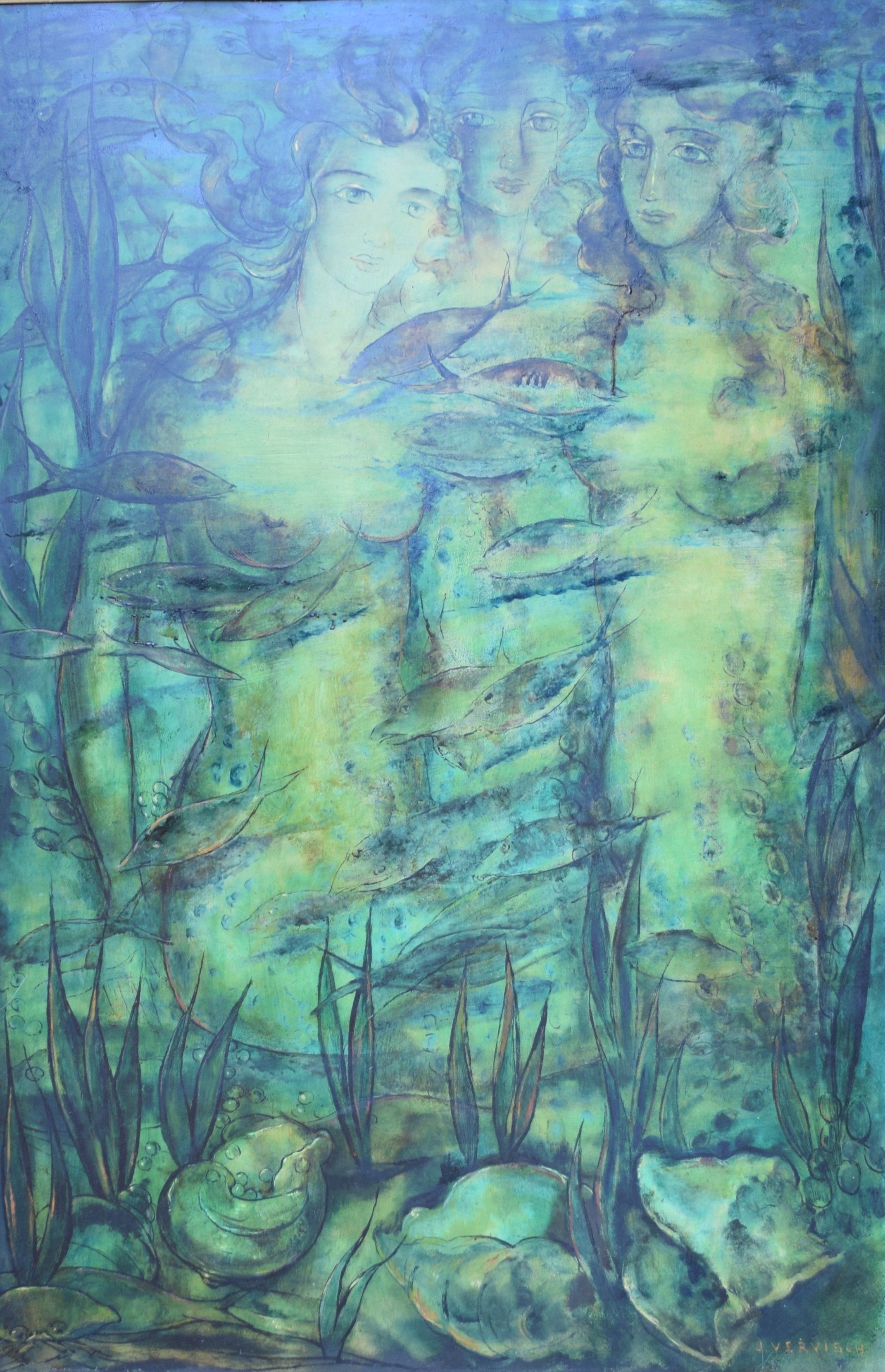 tableau Les trois sirènes Vervisch Jean marine,personnage  huile triplex 2ième moitié 20e siècle