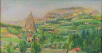 tableau Le puit en Velay  Art Berthe village  pastel papier 1ère moitié 20e siècle