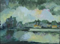 tableau Paysage au lac Conreur Clément paysage  huile triplex 2ième moitié 20e siècle