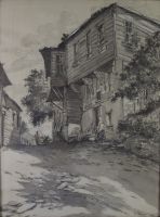 tableau L'entrée du village Gerasim Nimetullah animaux,personnage,village  lavis papier 1ère moitié 20e siècle