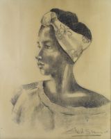 tableau La femme au foulard    portrait  fusain papier 1ère moitié 20e siècle