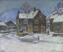 tableau Comblain-au-Pont sous la neige  Pitot Nicolas personnage,ville  huile toile 1ère moitié 20e siècle