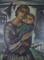 tableau Maman et enfant au port  Vervisch Jean personnage  huile unalite 2ième moitié 20e siècle