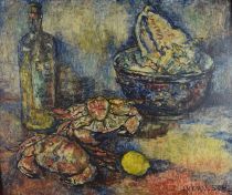tableau Nature morte aux crabes Vervisch Jean animaux,nature morte  huile triplex 2ième moitié 20e siècle