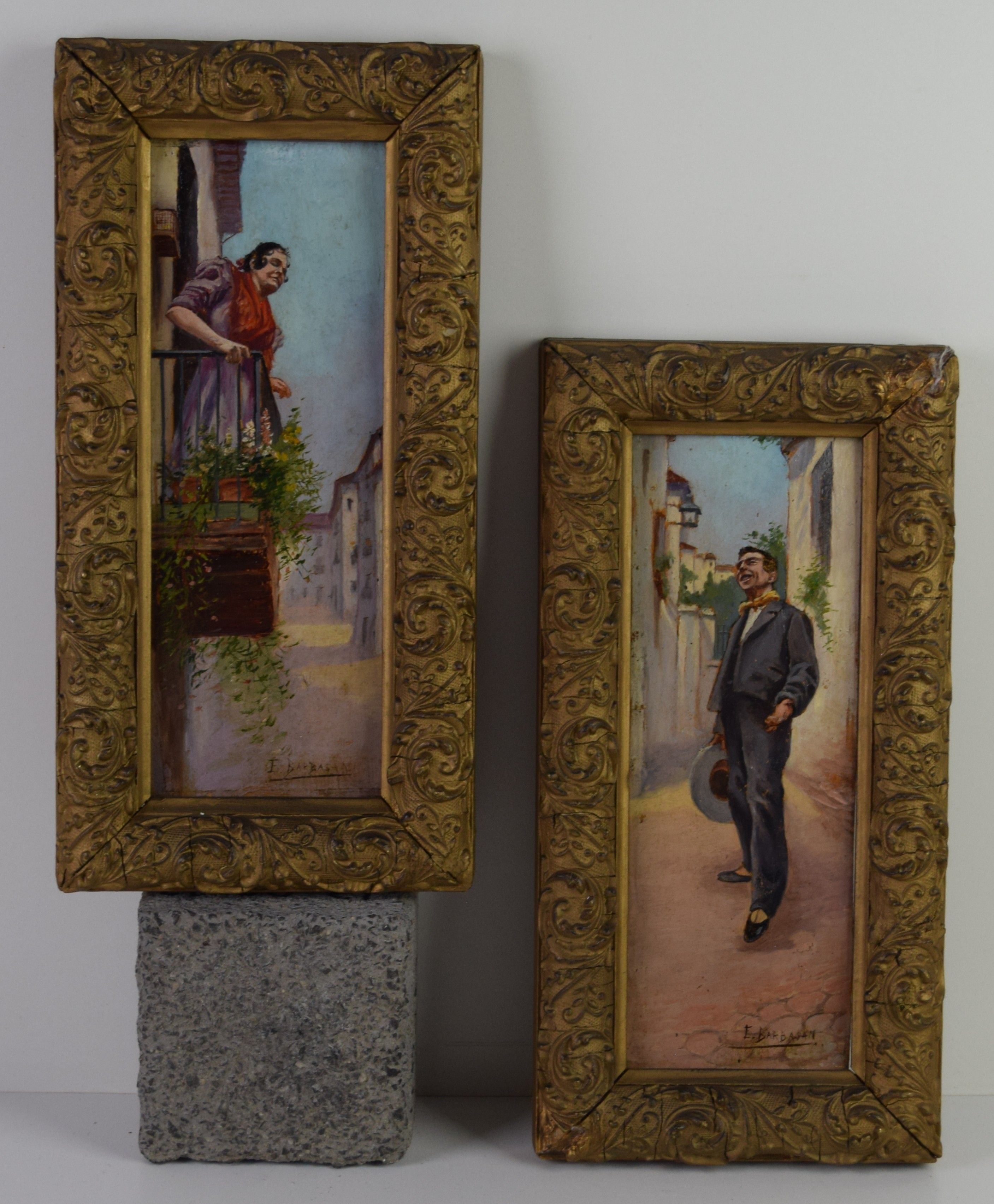 tableau L'amoureux (paire de tableaux) Barbasan F personnage,ville  huile panneau 19e siècle