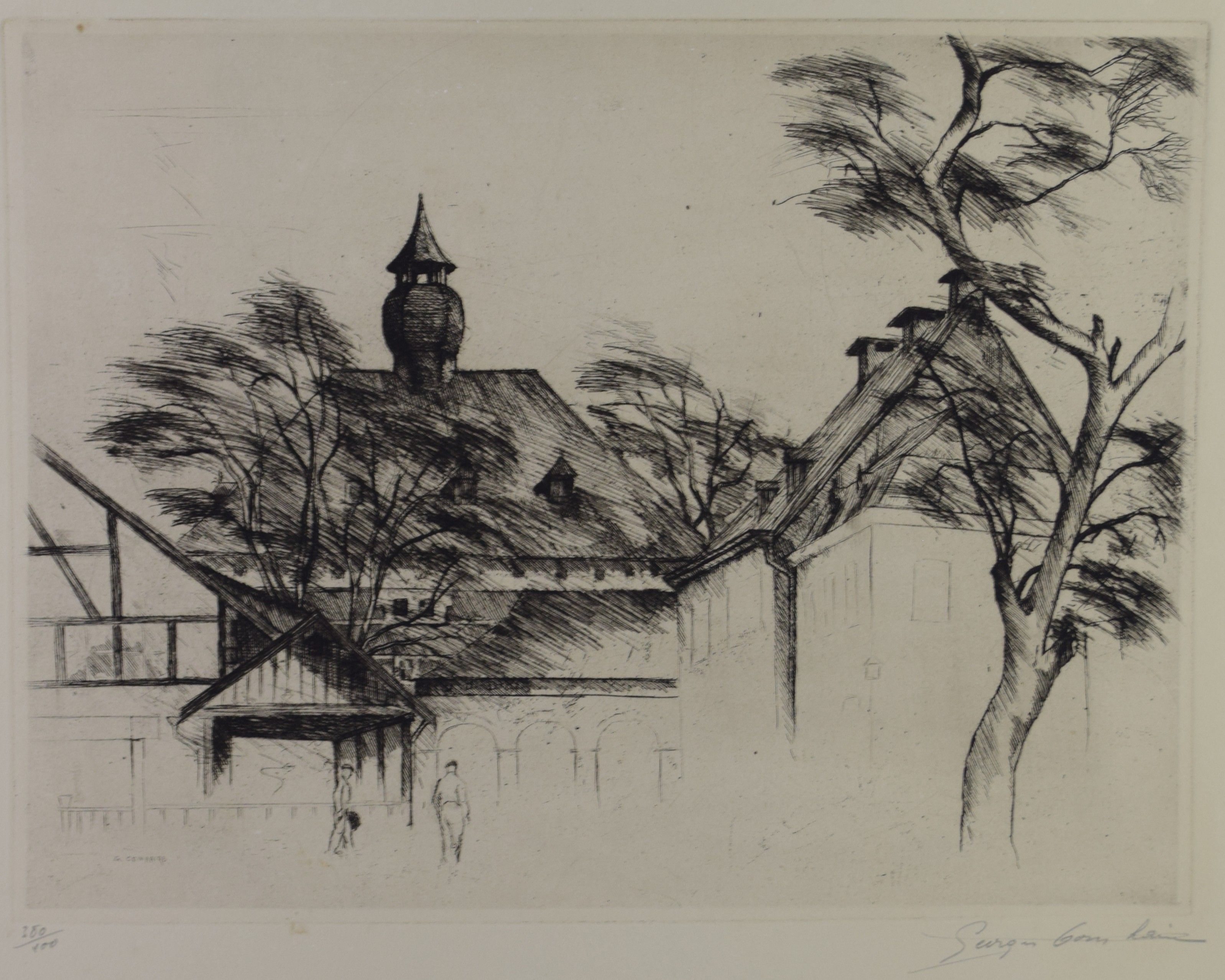 tableau Le clocher Comhaire Georges ville  estampe papier 1ère moitié 20e siècle