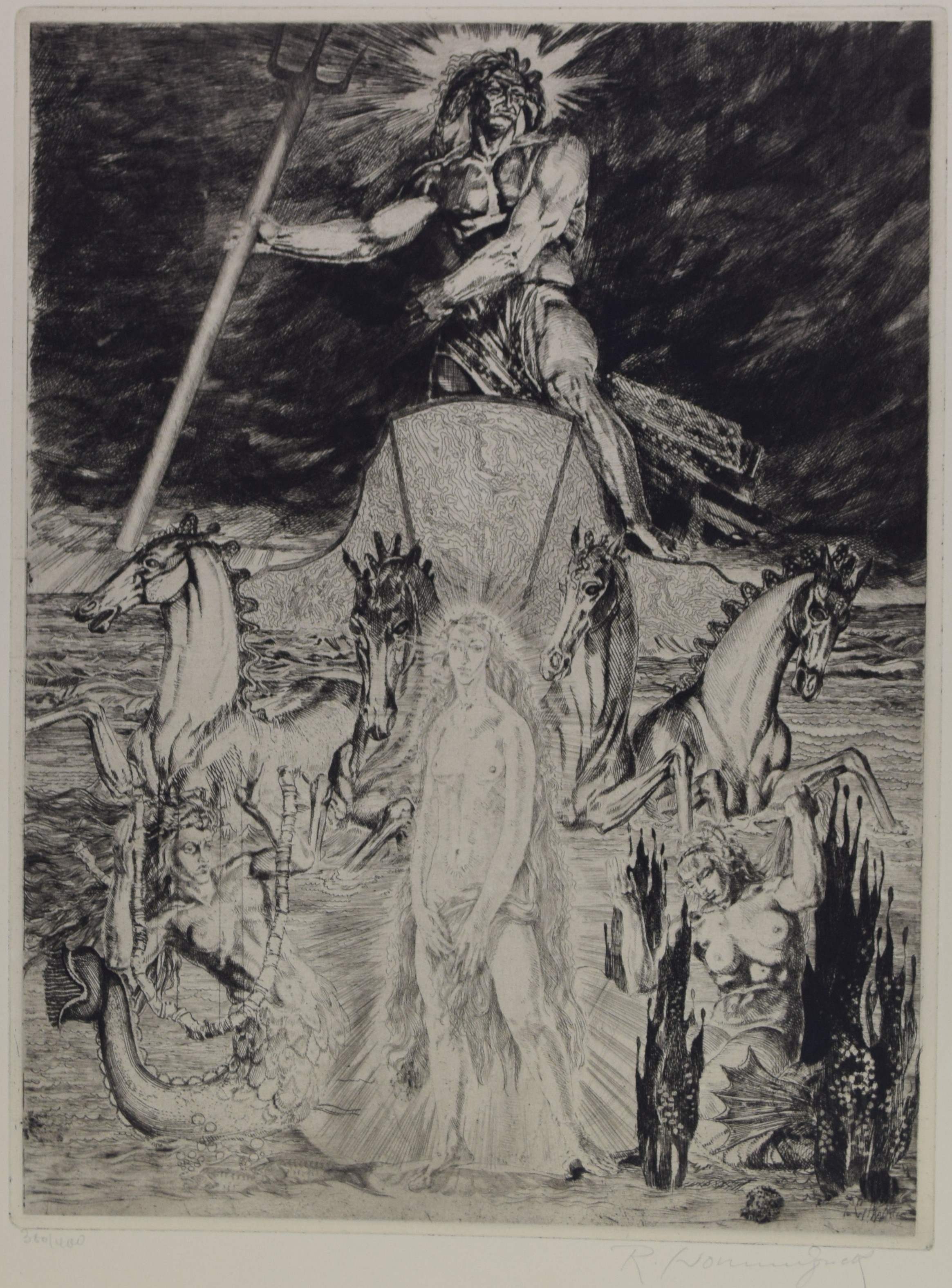 tableau scène mythologique Crommelynck Robet fantastique  estampe papier 1ère moitié 20e siècle