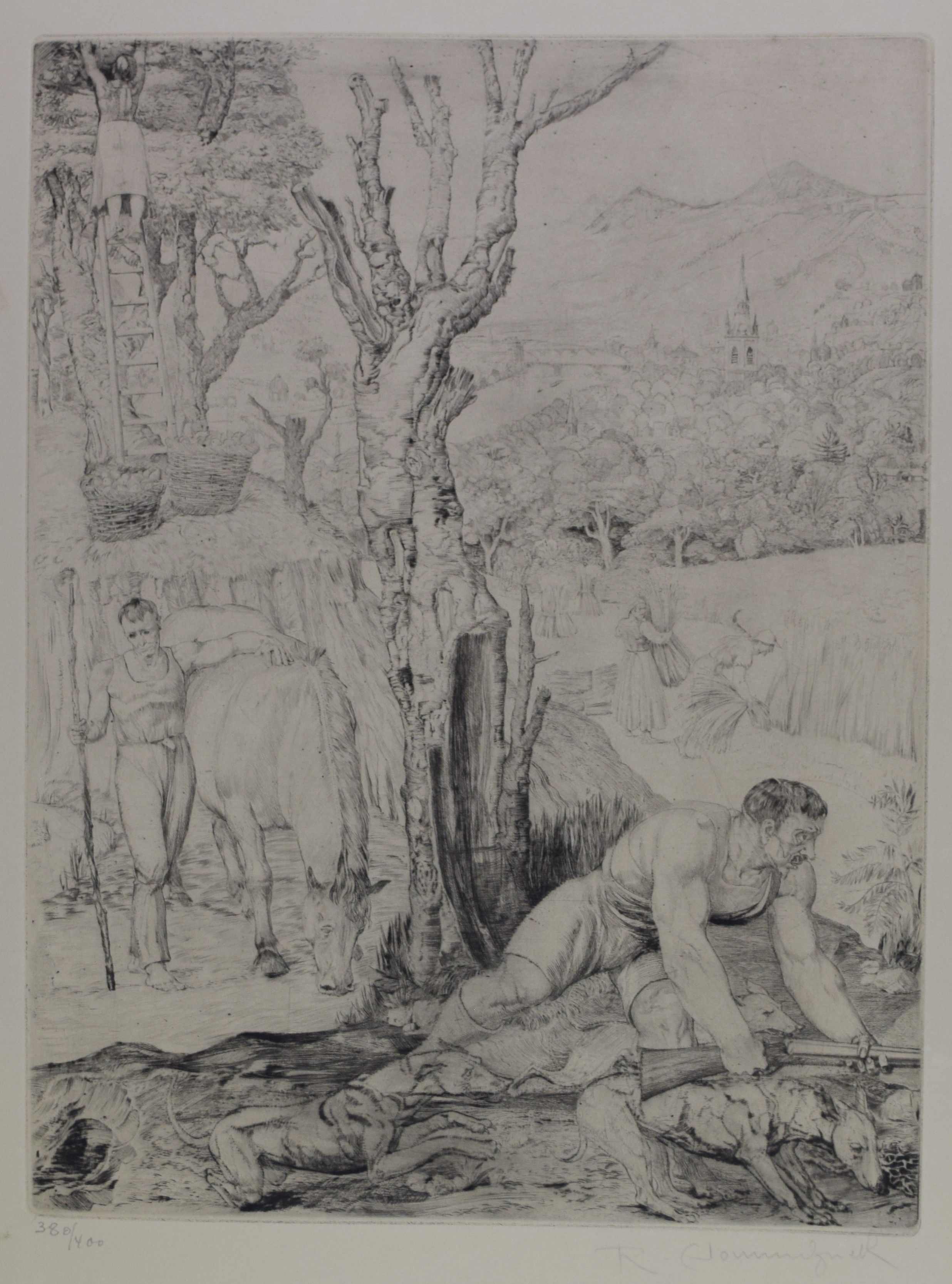 tableau Calydon le sanglier Crommelynck Robet fantastique  estampe papier 1ère moitié 20e siècle