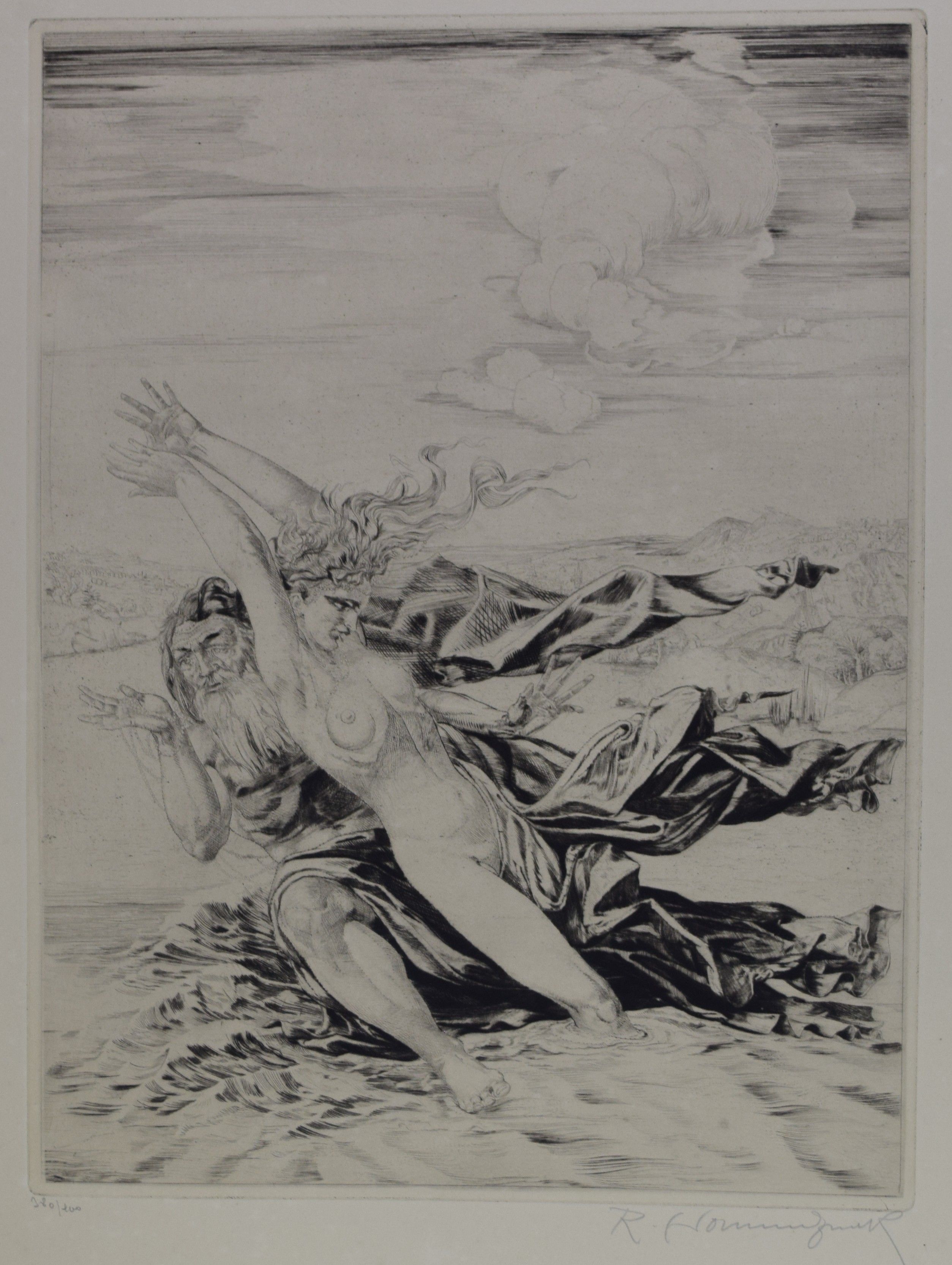 tableau Venus et Neptune Crommelynck Robet fantastique  estampe papier 1ère moitié 20e siècle