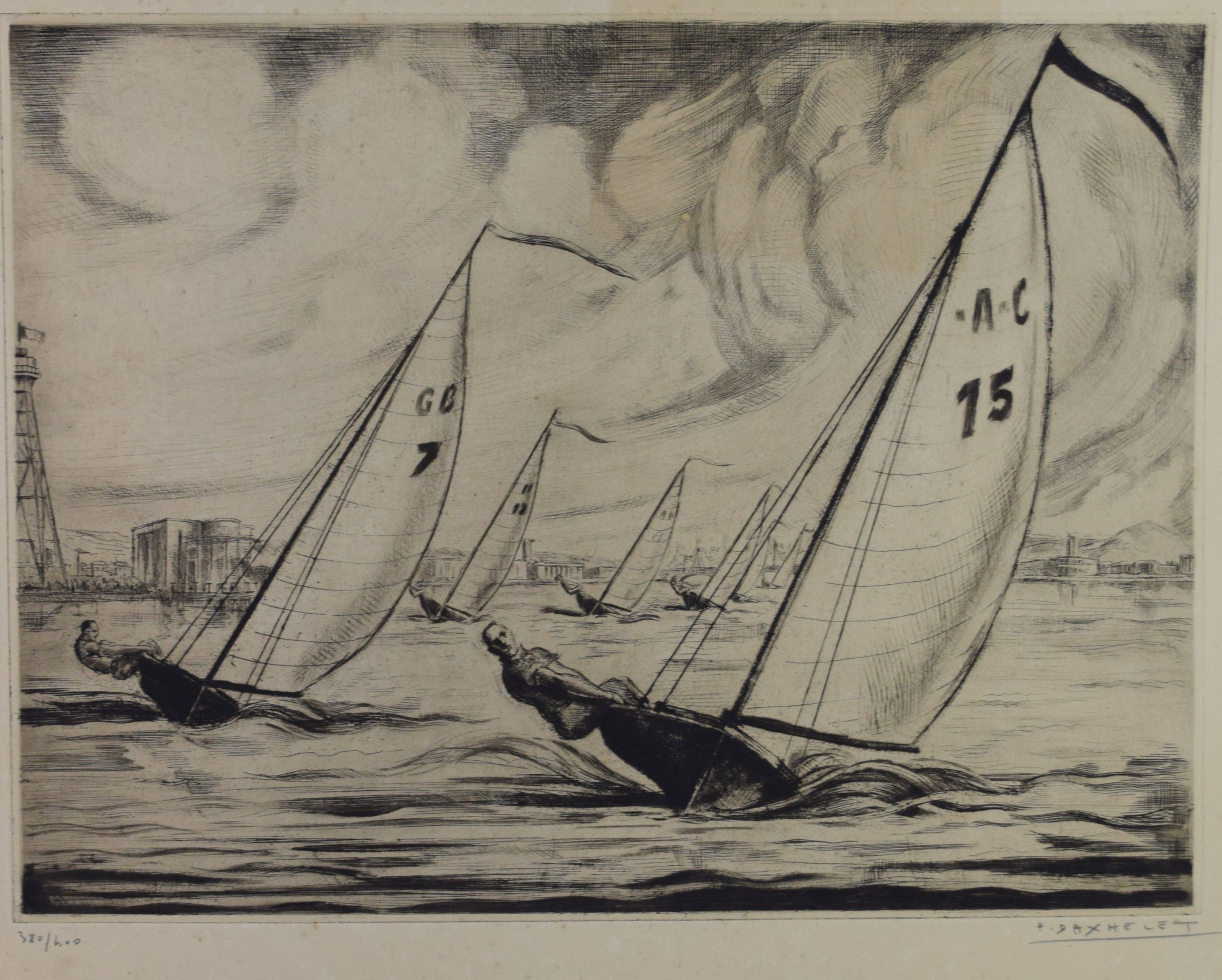 tableau Yacht Racing at the Berlin 1936 Daxhelet  Paul   huile papier 1ère moitié 20e siècle