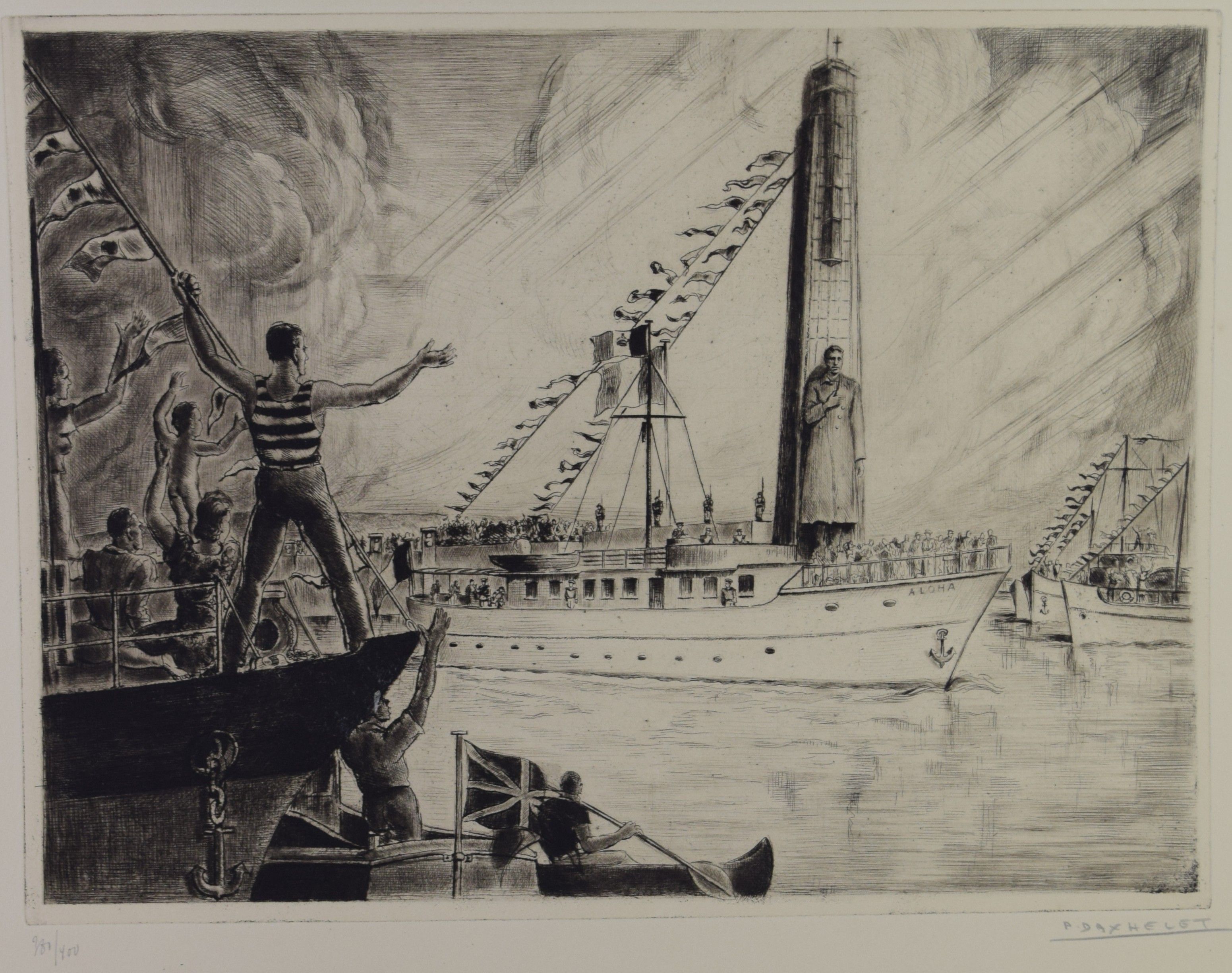 tableau Canal Albert Daxhelet  Paul marine,personnage,ville  estampe papier 1ère moitié 20e siècle