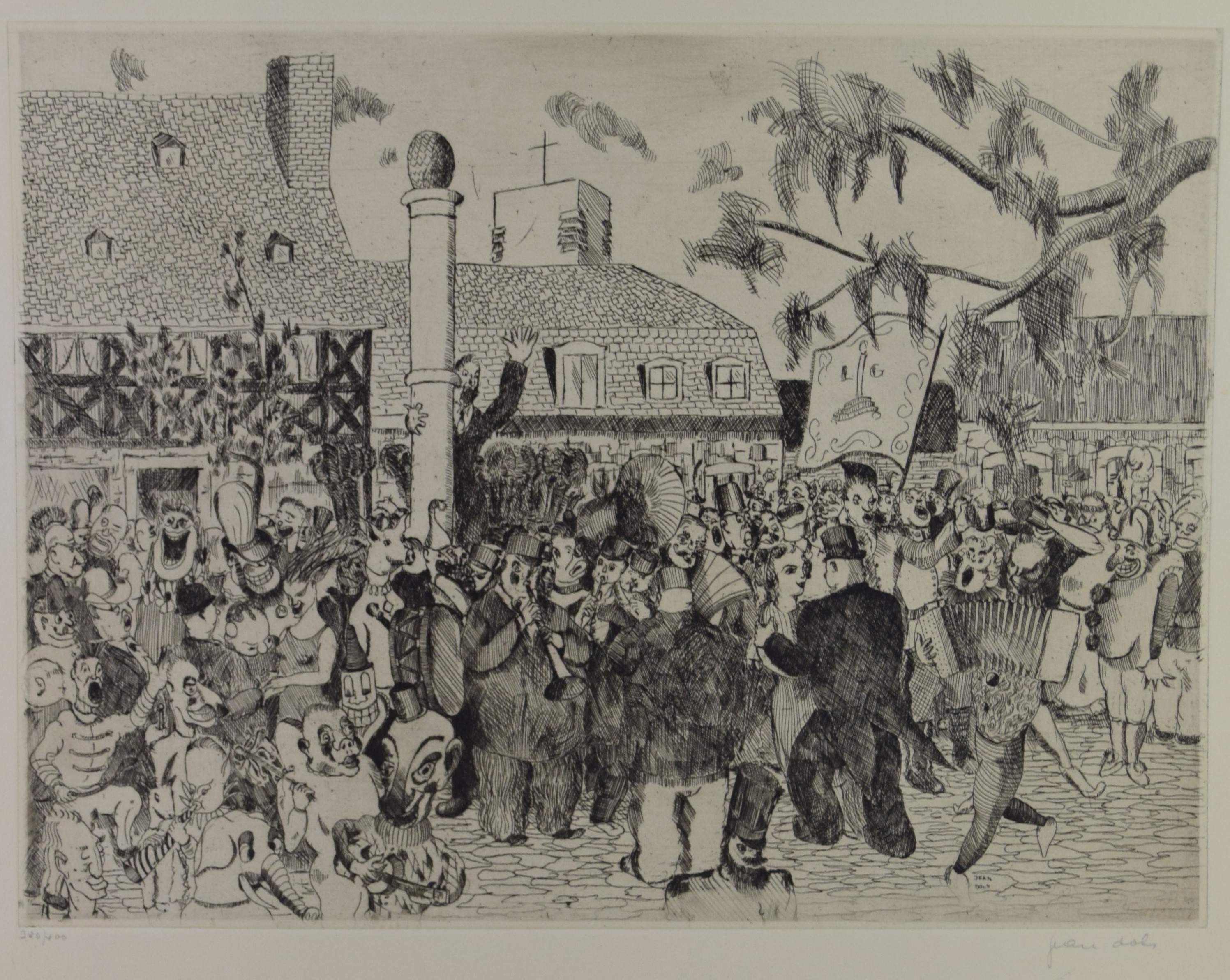 tableau Kermesse à Liège Dols Jean personnage  estampe papier 1ère moitié 20e siècle