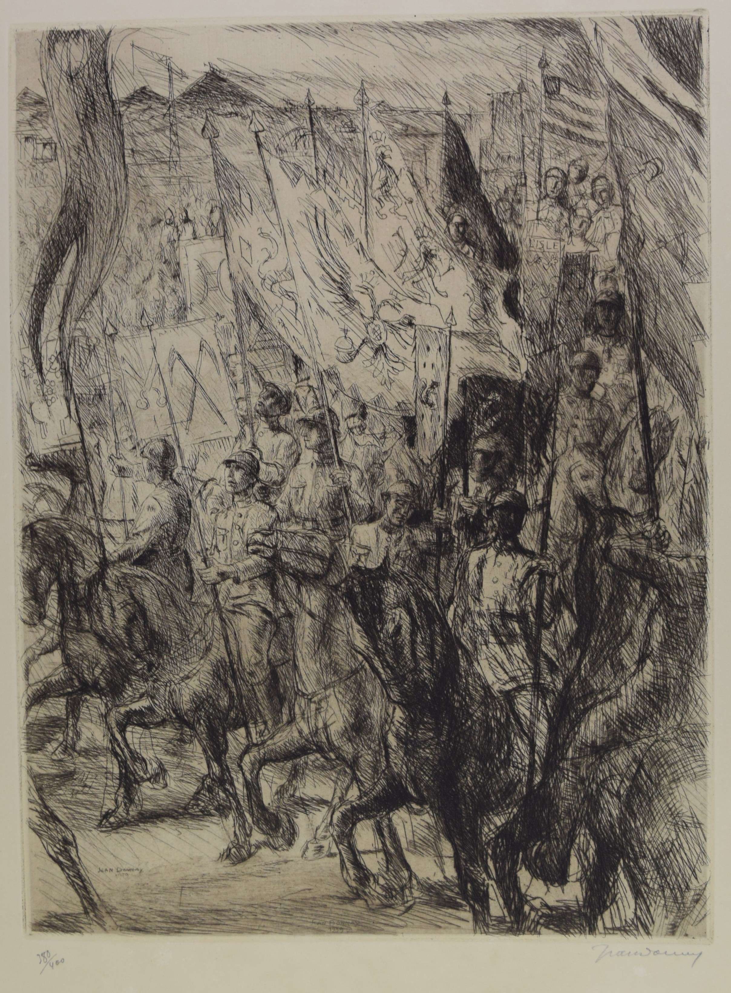 tableau La Bannières des 32 métiers Donnay Jean personnage  estampe papier 1ère moitié 20e siècle