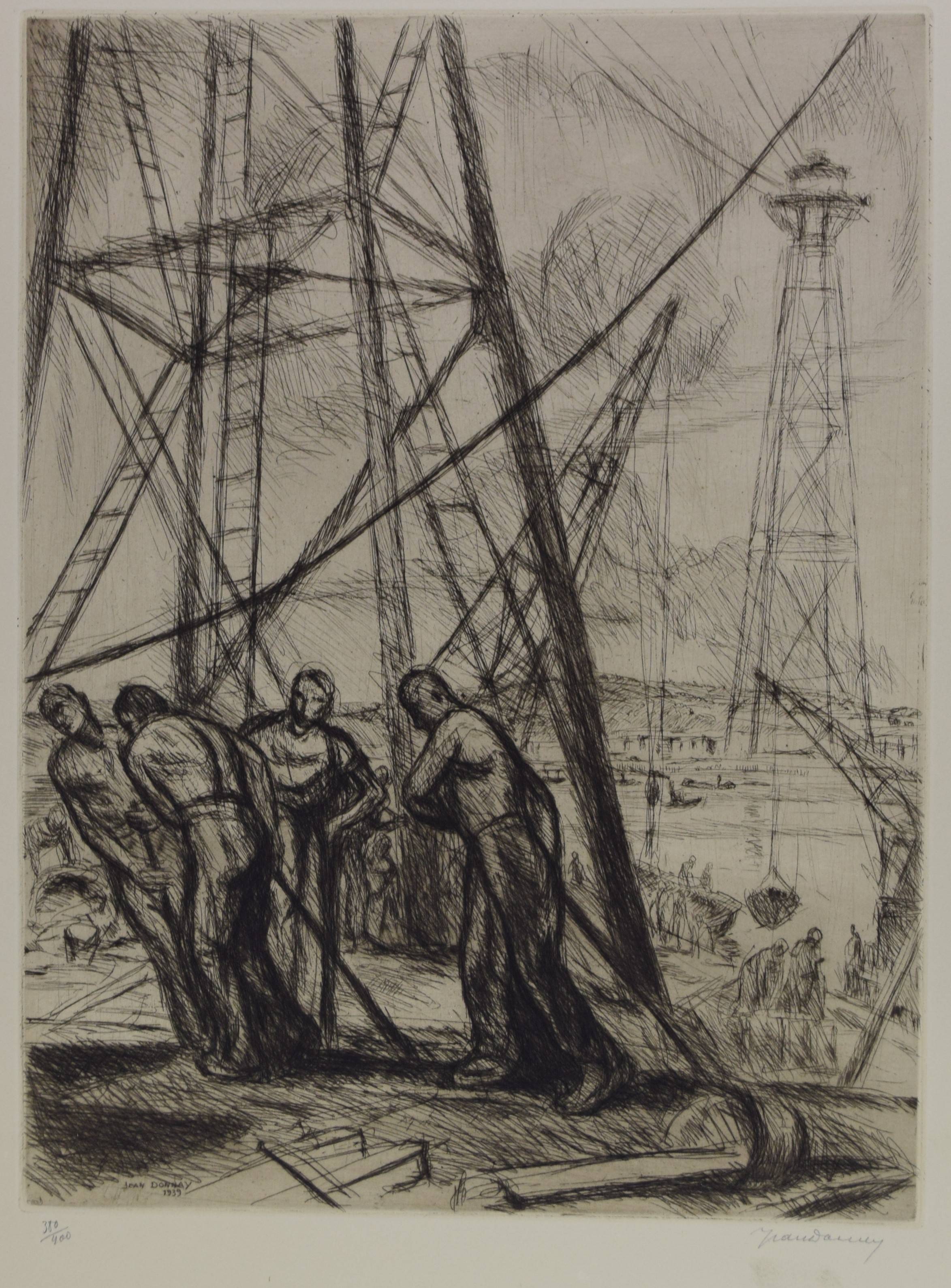 tableau Téléphérique Liège Donnay Jean personnage  estampe papier 1ère moitié 20e siècle