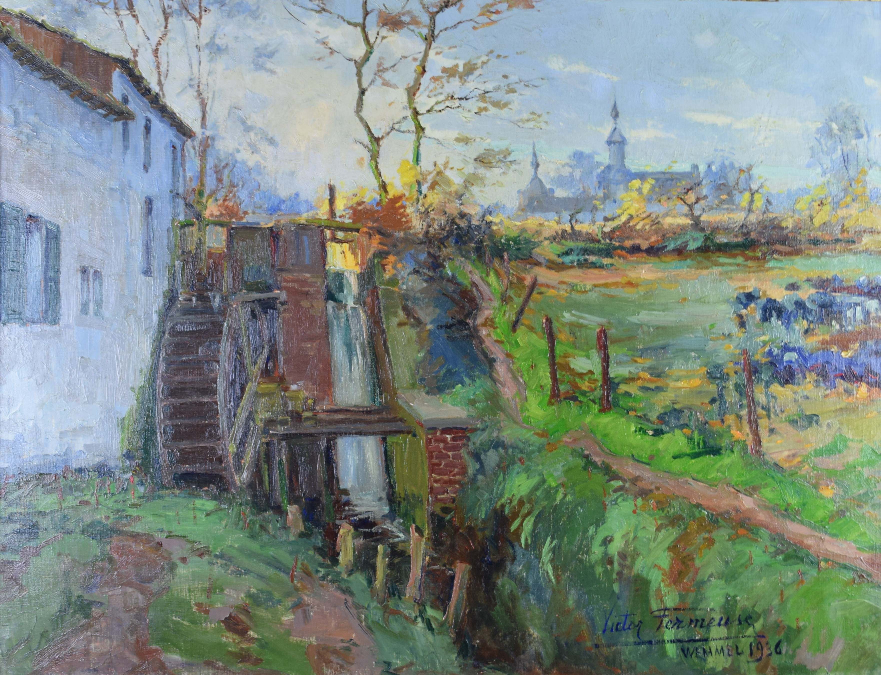 tableau Moulin à Wemmel  Fermeuse Victor village  huile toile 1ère moitié 20e siècle