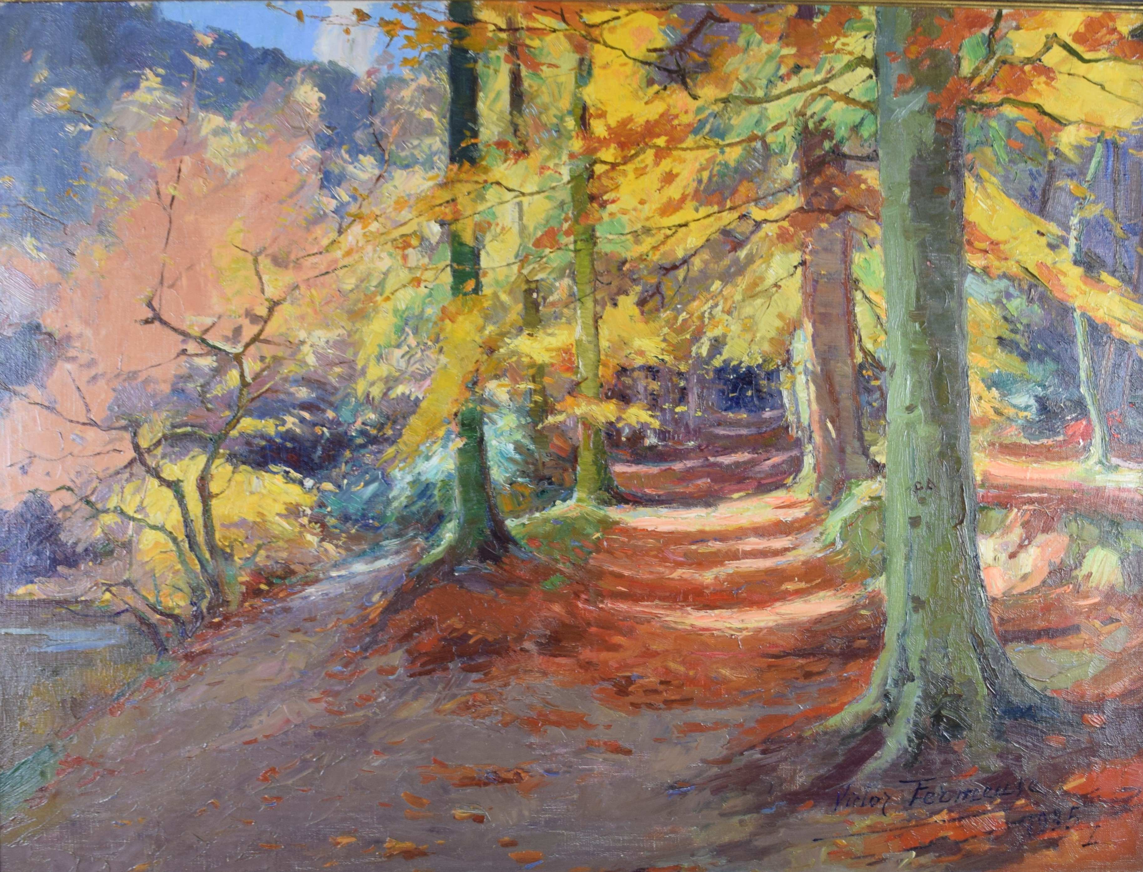 tableau Jeu de lumière en forêt de Soigne  Fermeuse Victor sous-bois  huile toile 1ère moitié 20e siècle
