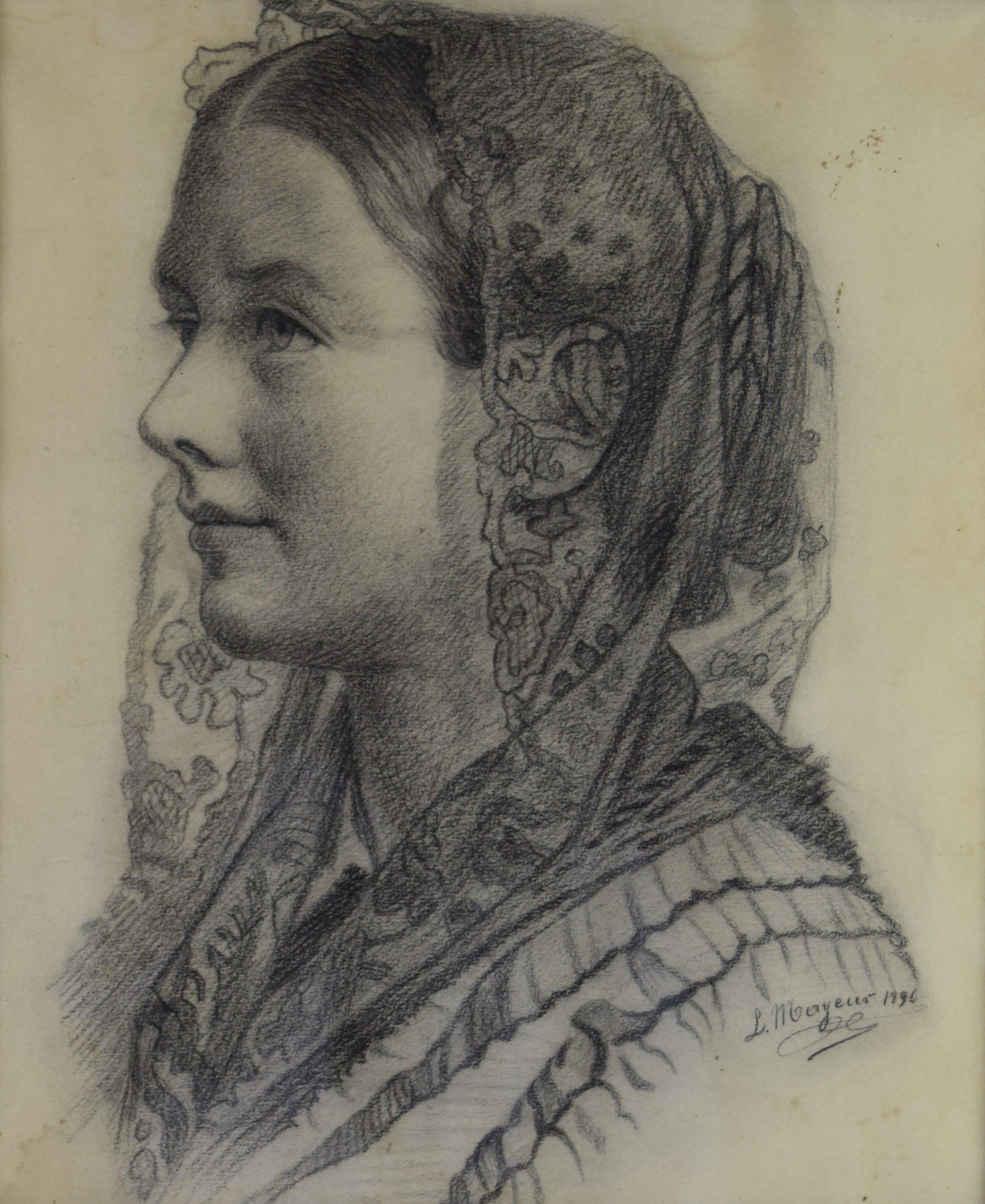 tableau La femme à la dentelle  Le Mayeur Jean portrait  fusain papier 19e siècle