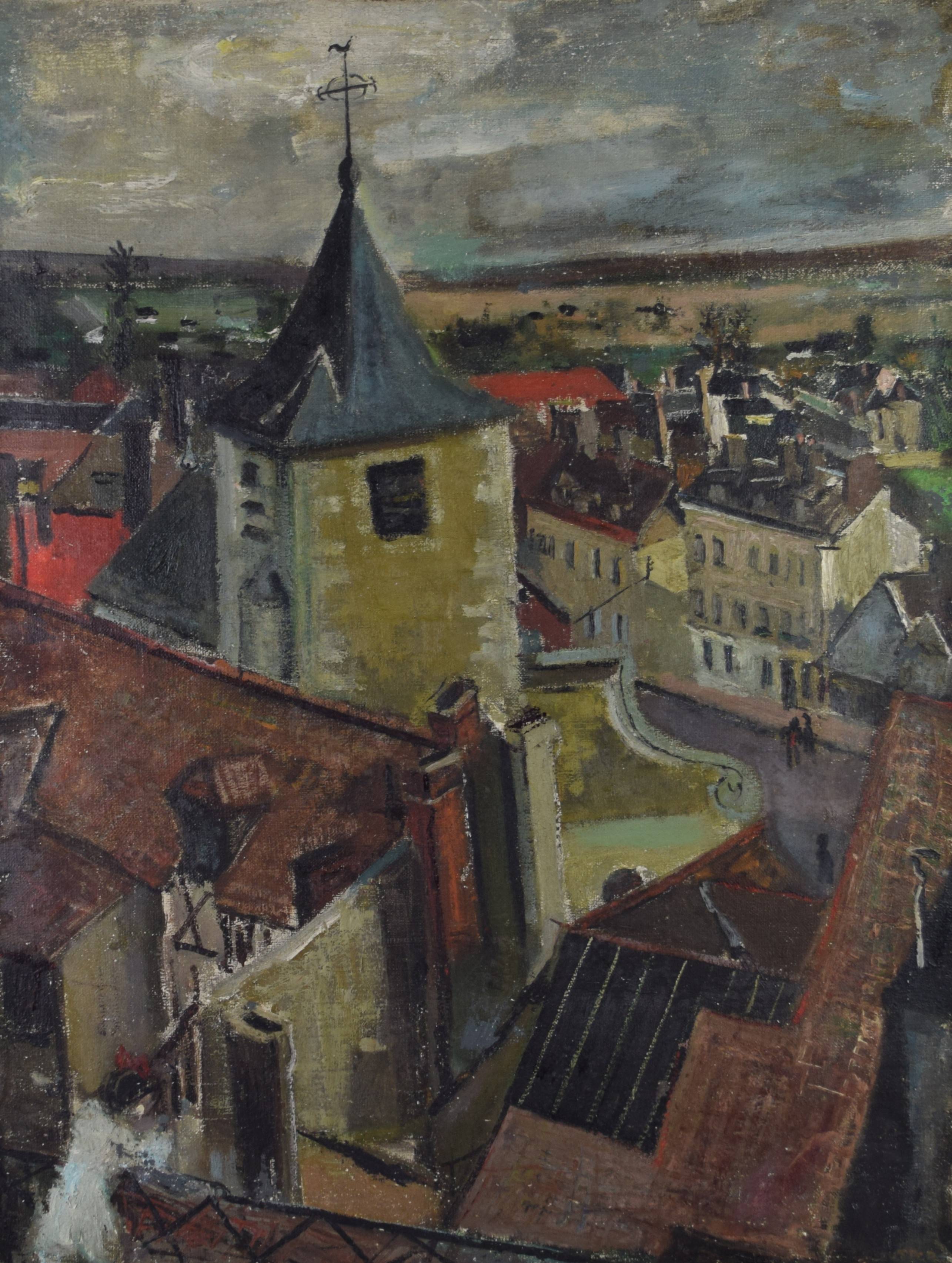 tableau Le haut du village   paysage,ville  huile toile 1ère moitié 20e siècle